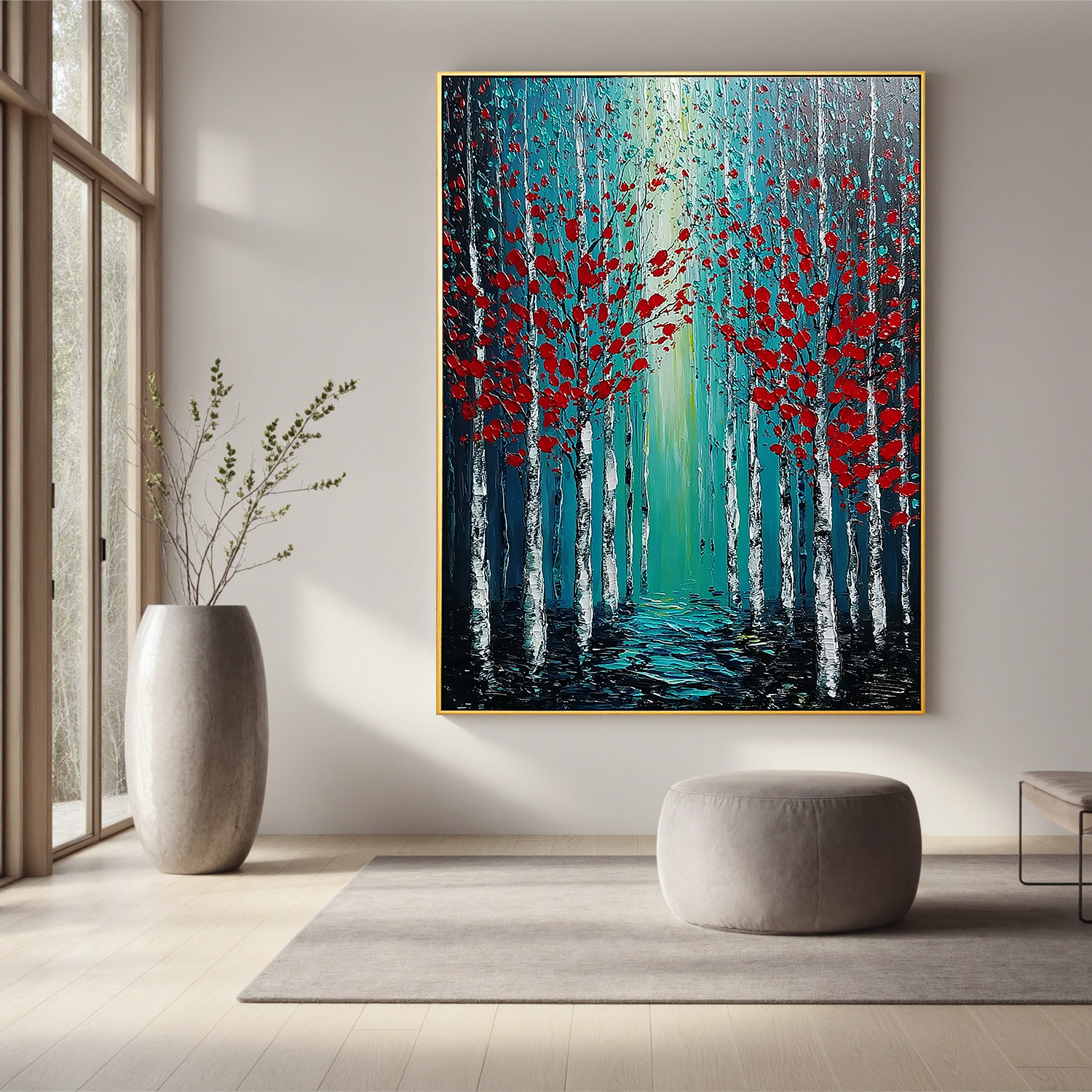 Red Leaf Forest Oil Painting, Blue Woodland Landscape Wall Art for Living Room Decor #OA 0578