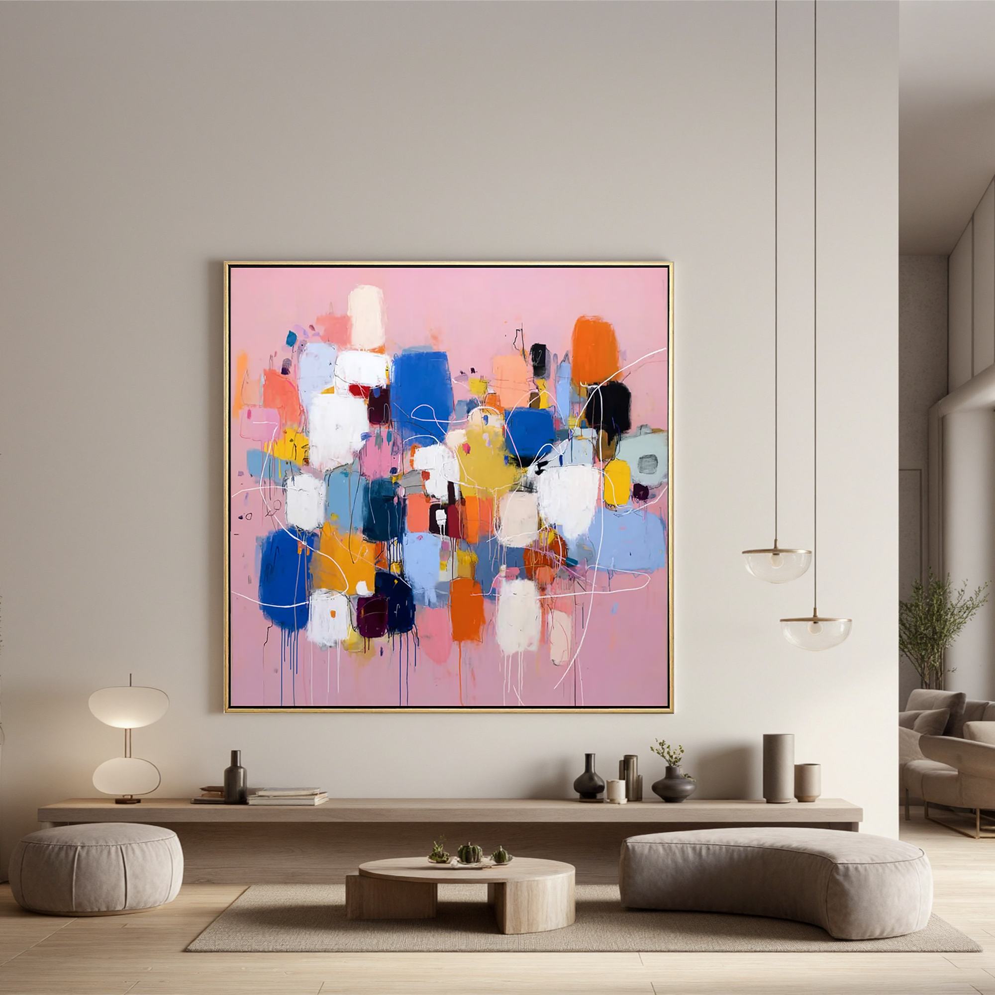 Abstract Pink Color Block Oil Painting Canvas – Modern Geometric Wall Art for Living Room Contemporary Home Decor#OA 0494