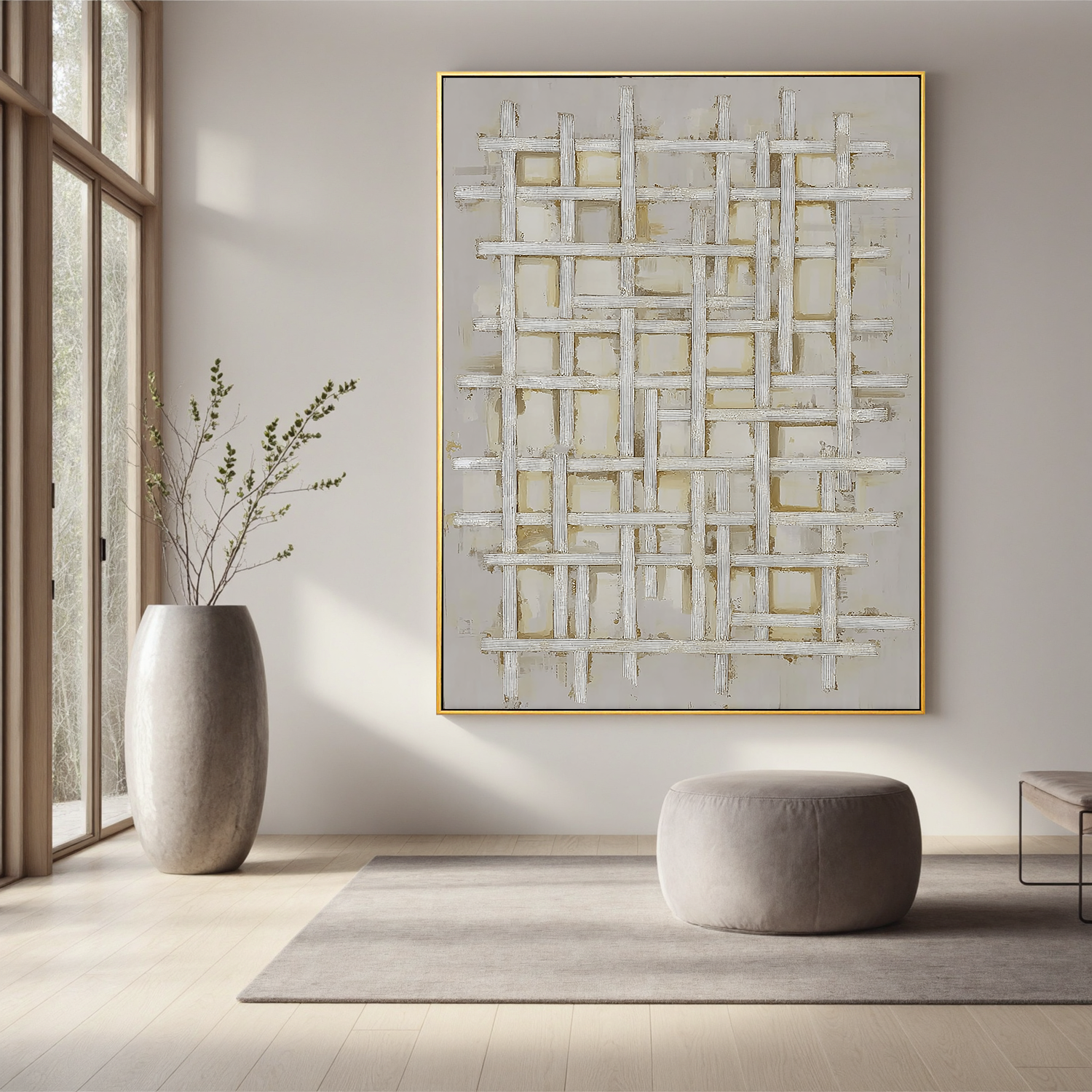 White Textured Abstract Oil Painting, Minimalist Woven Wall Art for Living Room Decor#OA 0559