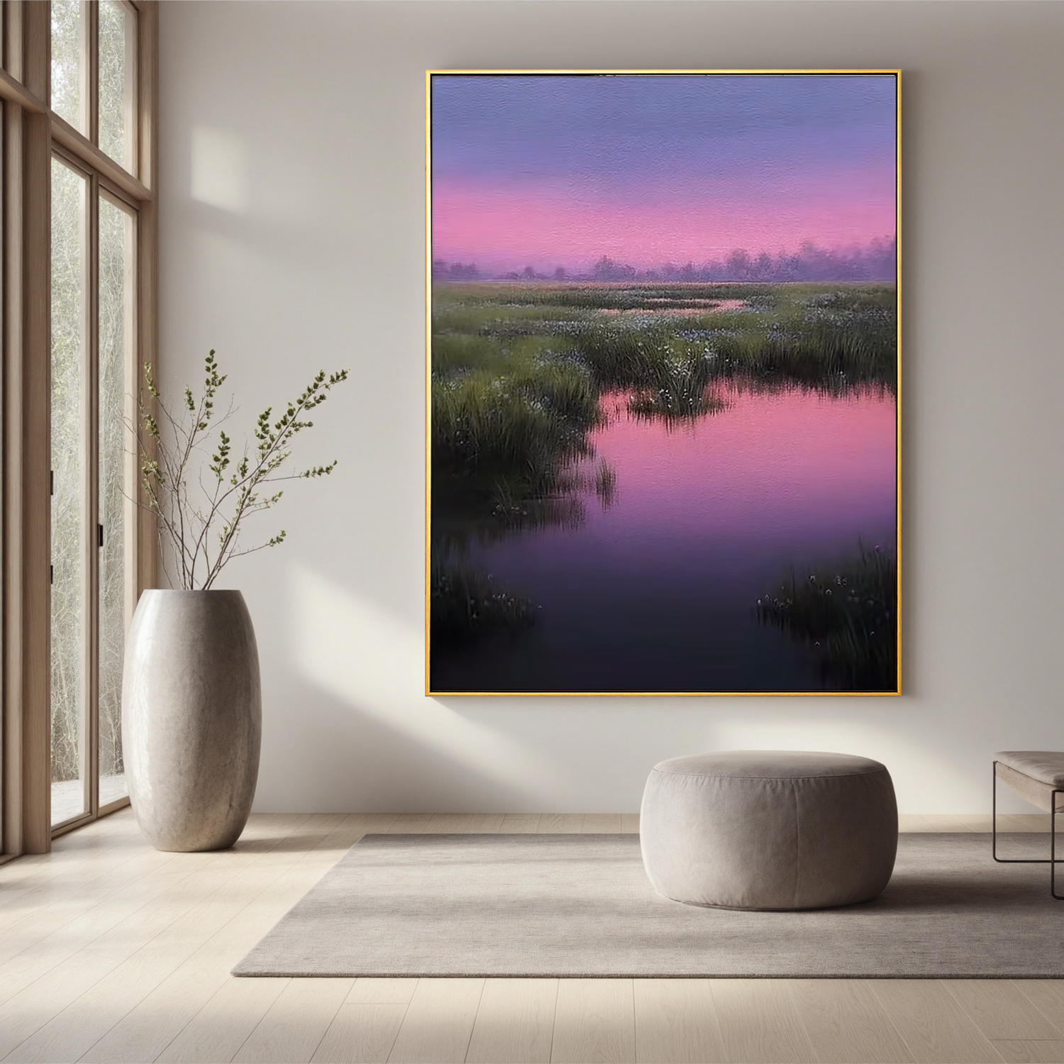 Pink and Purple Sunset Wetland Wall Art, Serene Marsh Landscape Canvas Painting for Living Room Decor #OA 0731