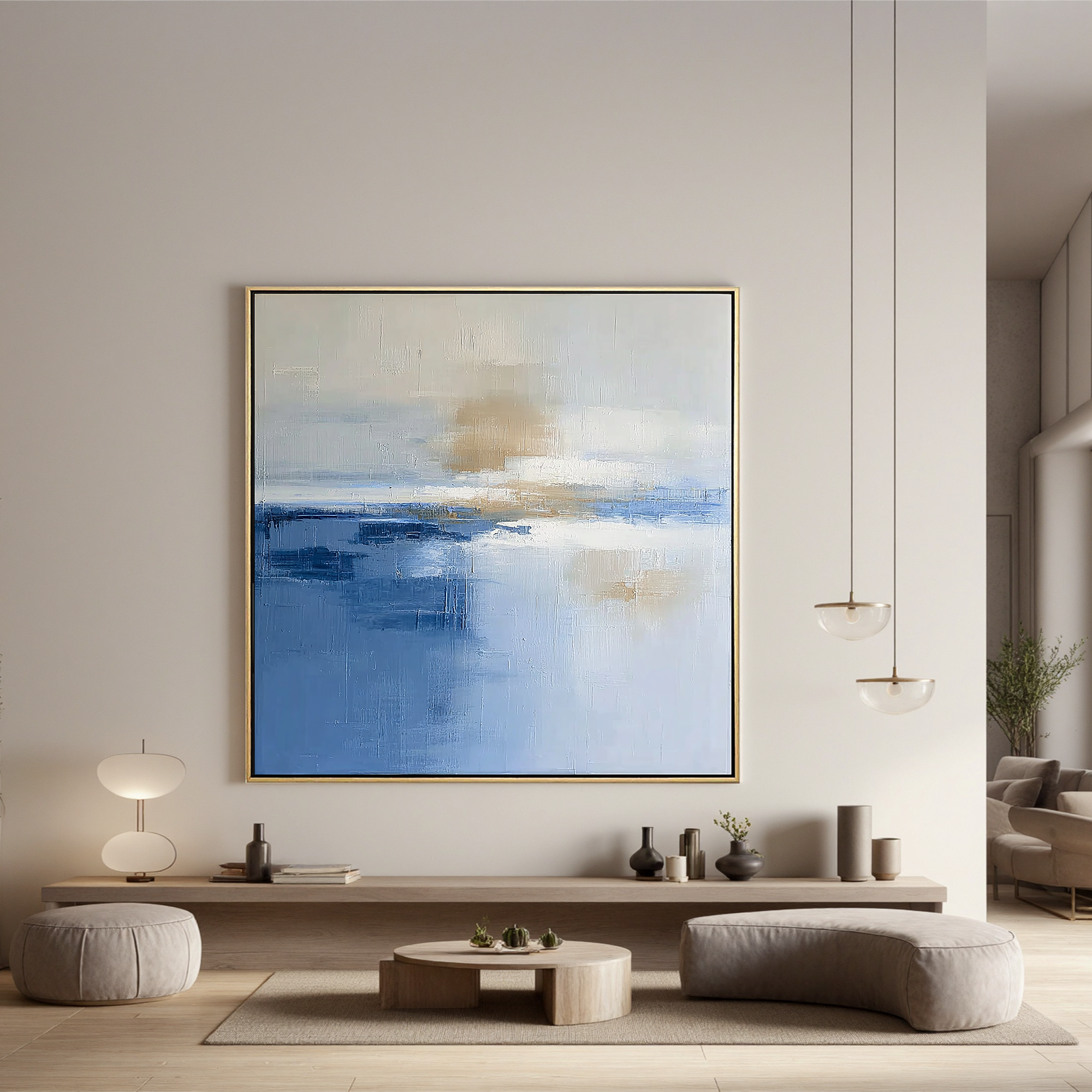 Abstract Blue Seascape Oil Painting Canvas – Minimalist Horizon Wall Art for Living Room Modern Home Decor#OA 0483