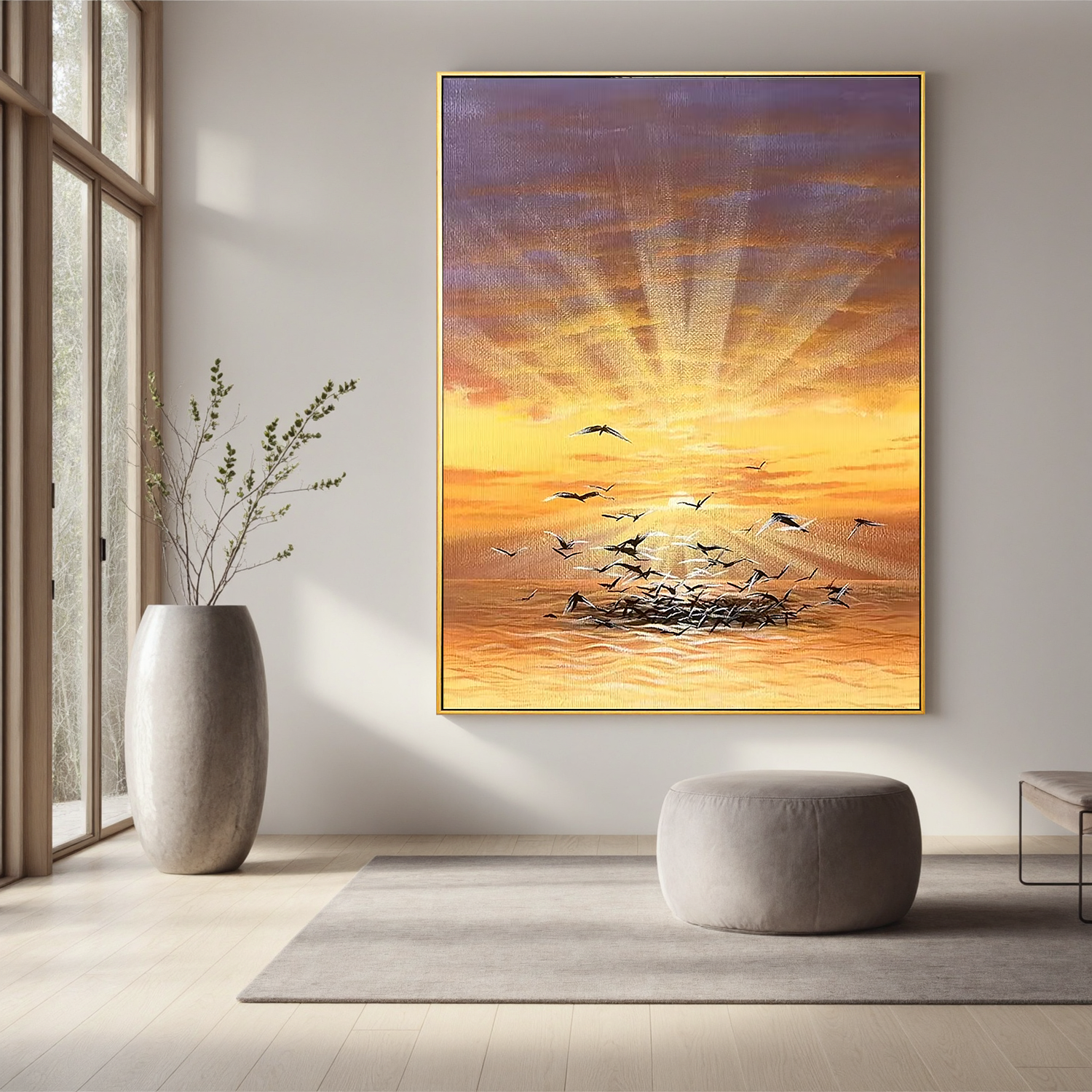 Golden Ocean Sunrise Wall Art with Flying Seagulls, Serene Coastal Landscape Canvas Painting for Living Room Decor #OA 0789