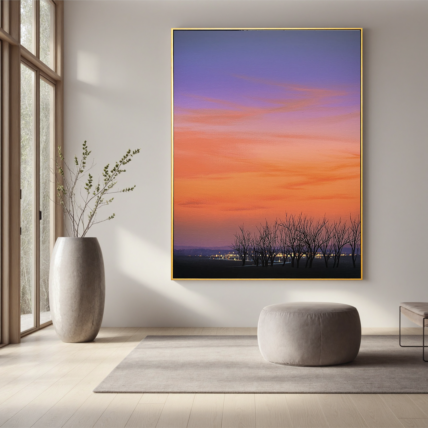 Sunset Sky with Bare Trees and Distant City Lights Wall Art, Serene Landscape Canvas for Living Room Decor #OA 0755