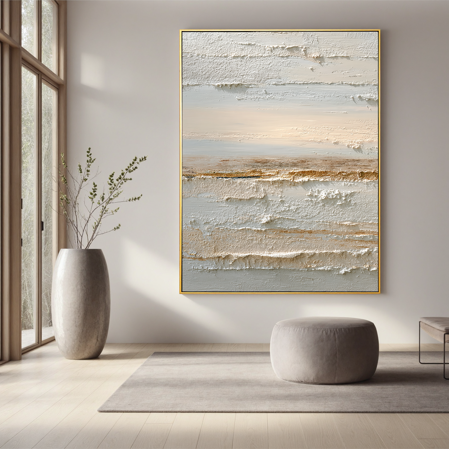 Neutral Abstract Landscape Canvas Wall Art – Textured Cream and Beige Painting for Minimalist Living Room Decor#OA 0857