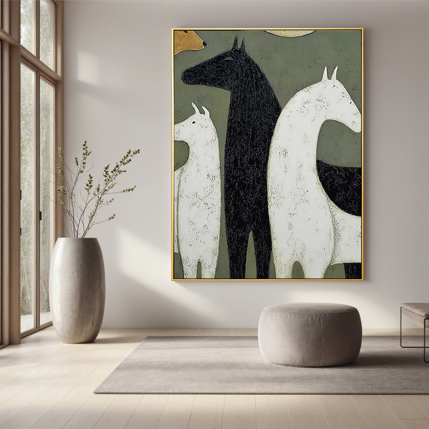 Minimalist Horse Oil Painting, Modern Black and White Equine Wall Art for Living Room Decor#OA 0545
