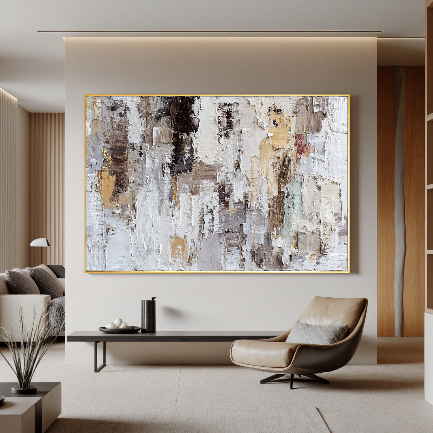 Large Horizontal Neutral Textured Wall Art – Beige Brown Abstract Canvas for Modern Living Room Decor#OA 0835