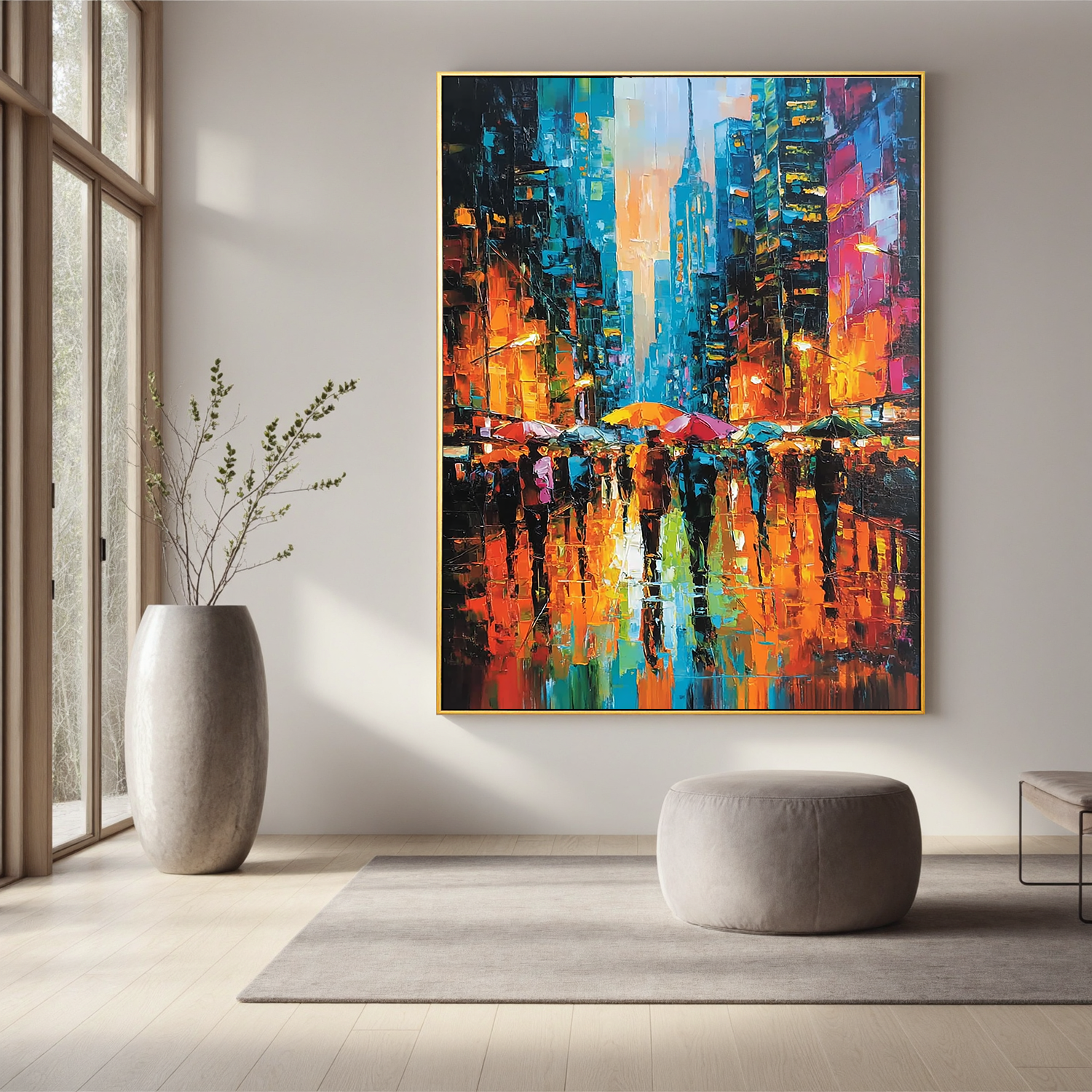 Colorful Rainy City Street Oil Painting, Abstract Urban Wall Art for Living Room Decor#OA 0528