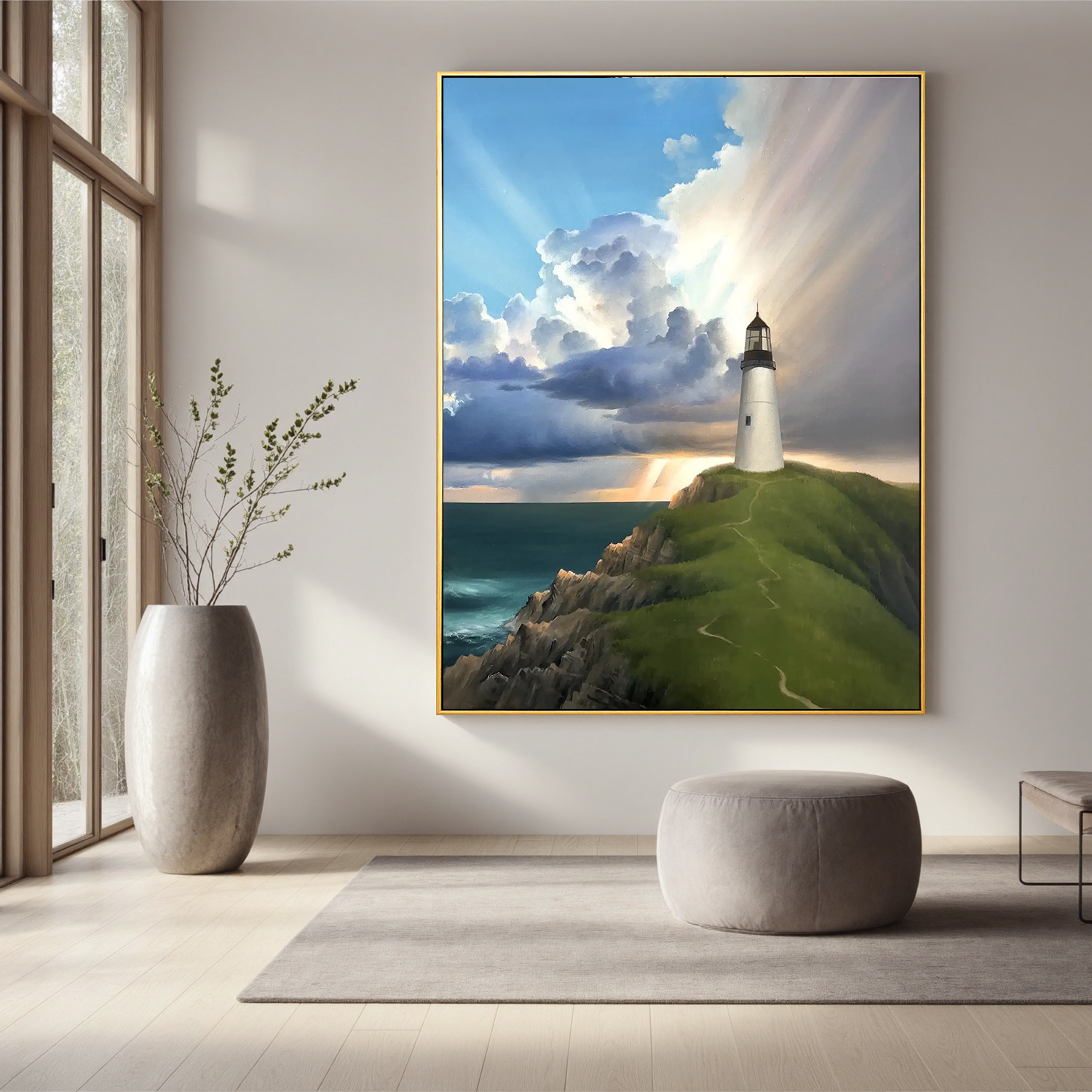 Coastal Lighthouse Wall Art, Dramatic Seascape Canvas Painting with Sun Rays for Living Room Decor #OA 0762