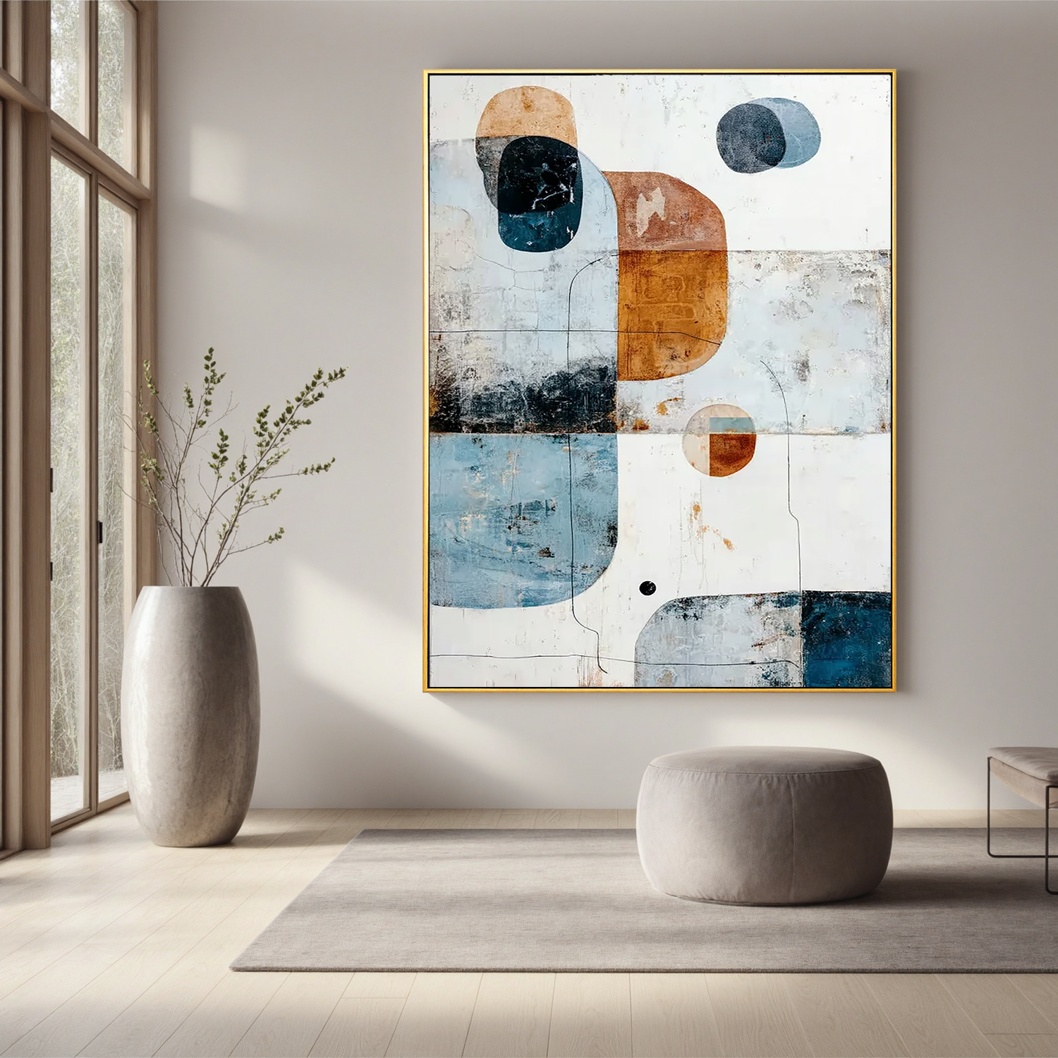 Modern Geometric Abstract Oil Painting, Blue and Rust Wall Art for Living Room Decor#OA 0583