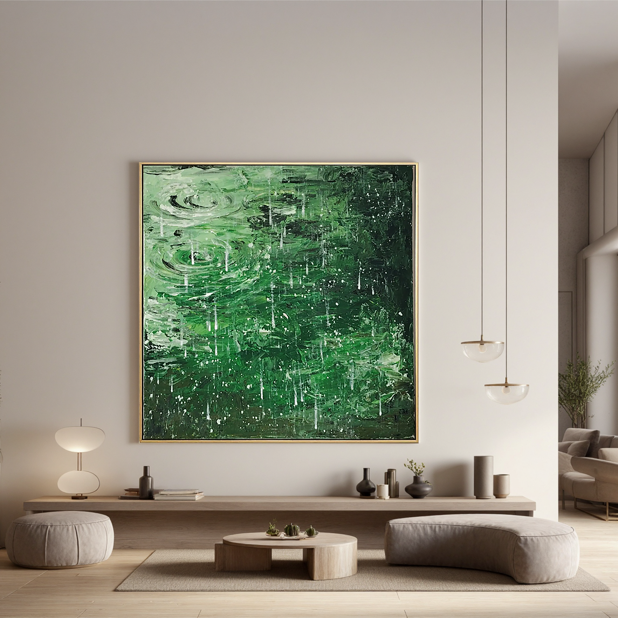 Dark Green Rain Ripple Oil Painting, Abstract Water Wall Art for Living Room Decor#OA 0612