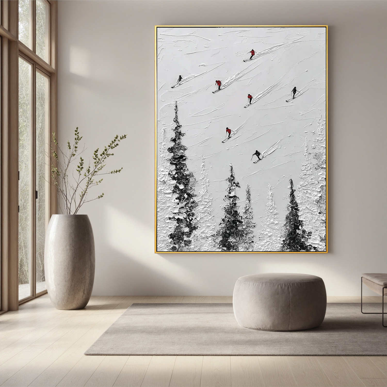Skiing Oil Painting, Minimalist Snow Mountain Wall Art for Living Room Decor#OA 0561