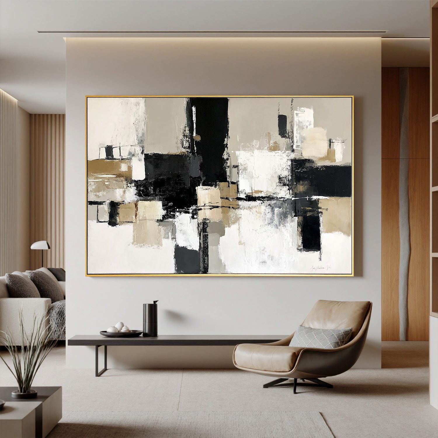 Modern Abstract Black and Beige Oil Painting | Large Neutral Wall Art for Living Room #OA 0008