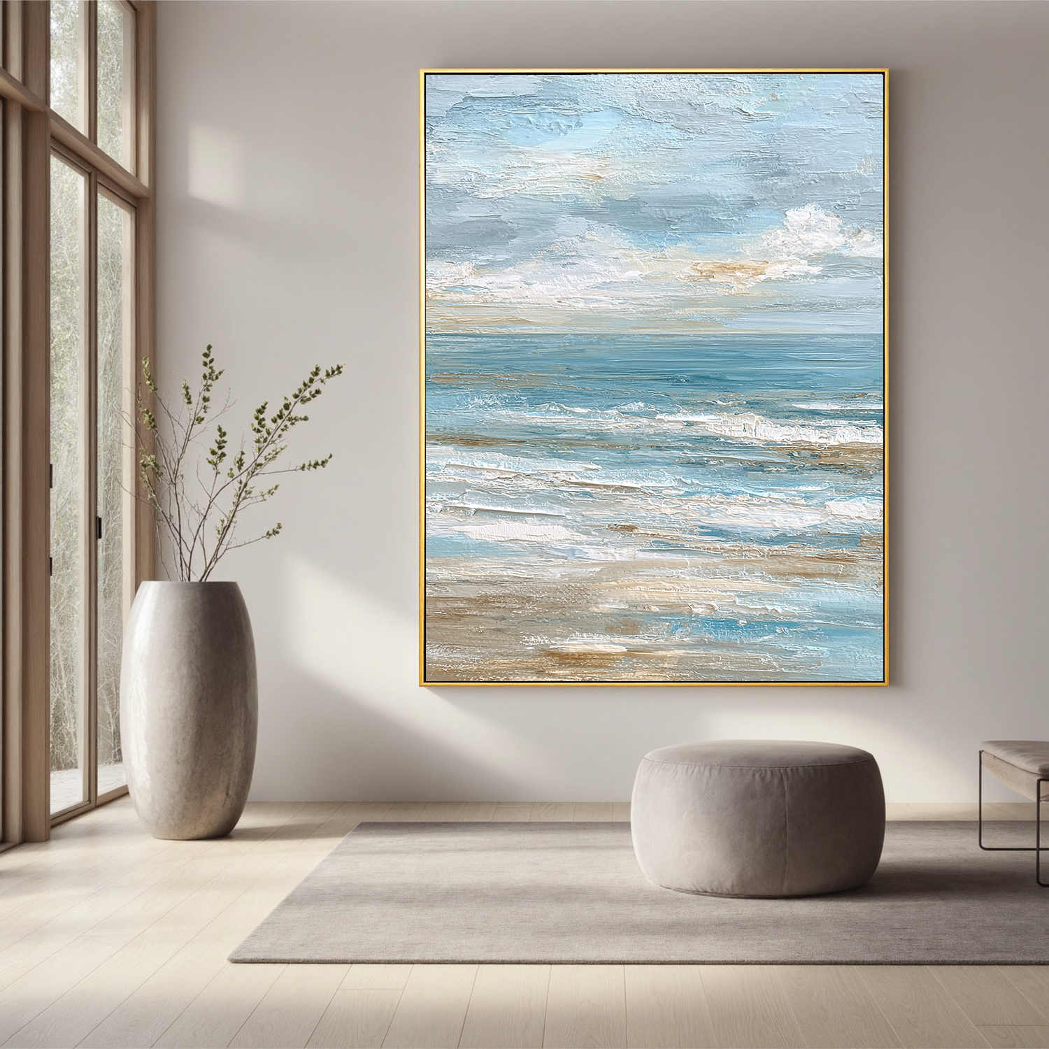 Large Vertical Coastal Seascape Canvas Wall Art – Soft Blue Ocean Waves Painting for Beach House Decor#OA 0841