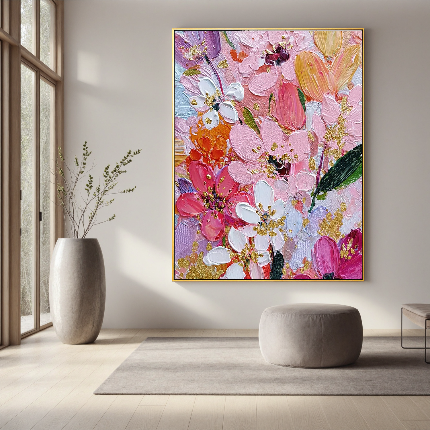 Pink Floral Oil Painting, Textured Flower Wall Art with Gold Accents for Living Room Decor#OA 0579