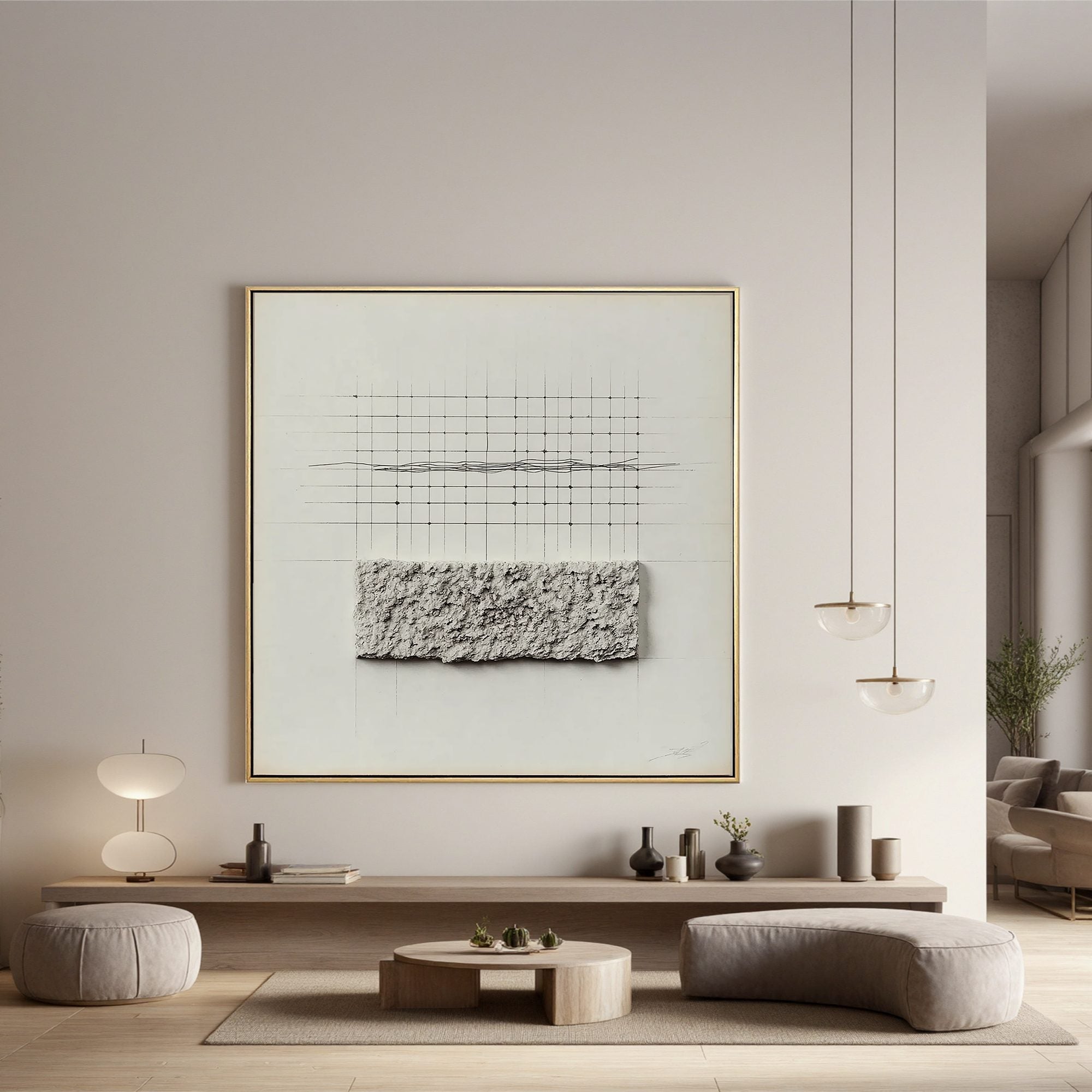 Minimal Geometric Textured Wall Art, Neutral Grid Line Canvas Painting for Modern Living Room Décor #OA 0403