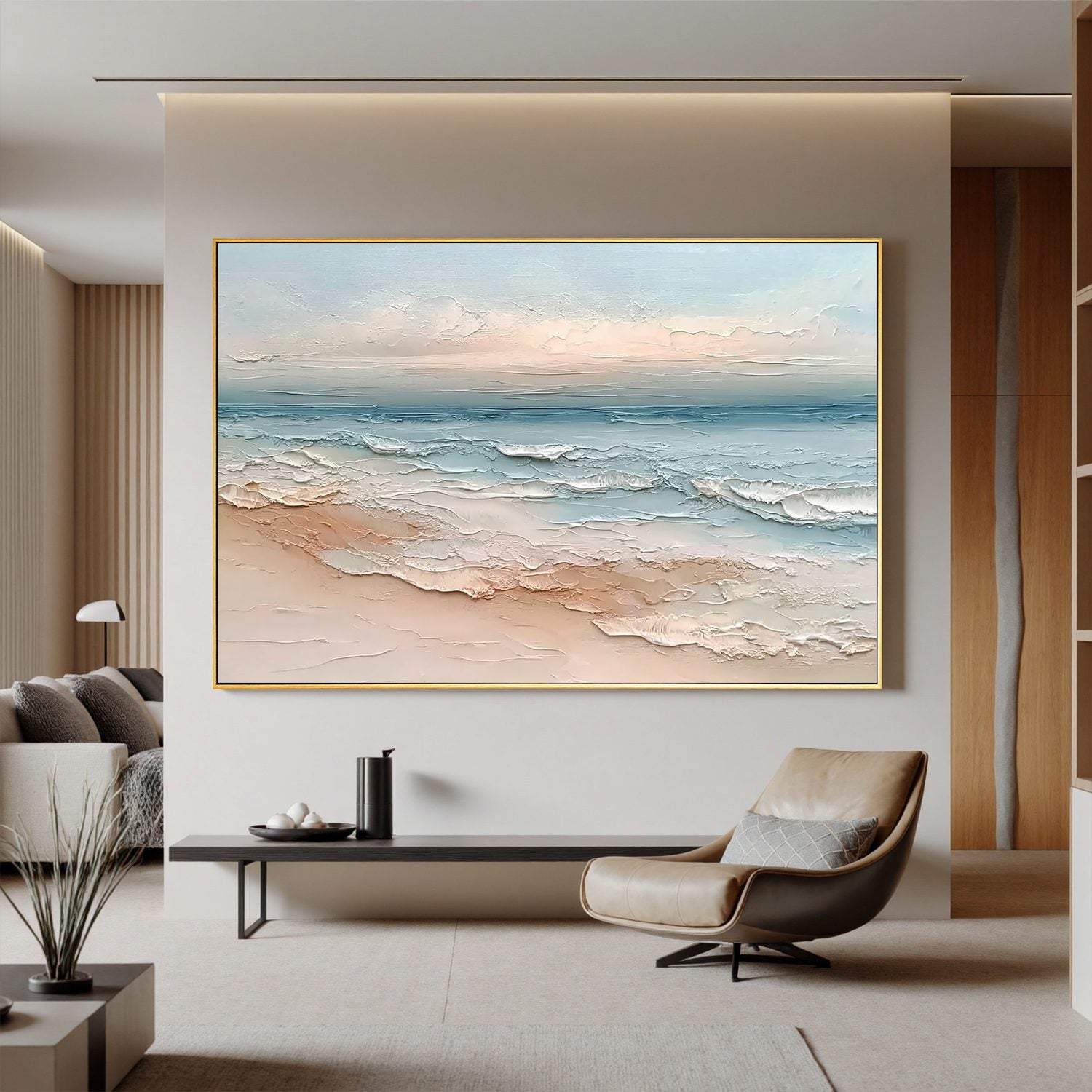 Soft Coastal Beach Oil Painting | Textured Ocean Wave Wall Art for Modern Coastal Living Room Decor #OA 0430