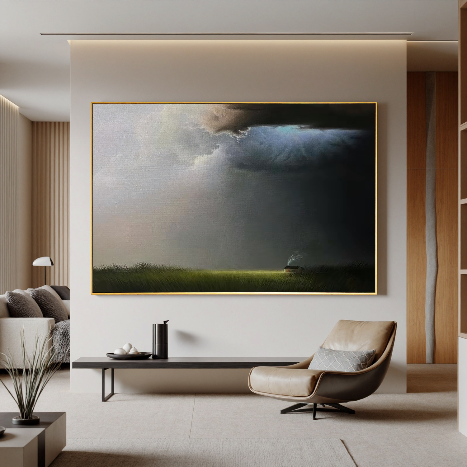 Stormy Landscape Oil Painting, Dark Cloud Prairie Wall Art for Living Room Decor#OA 0622