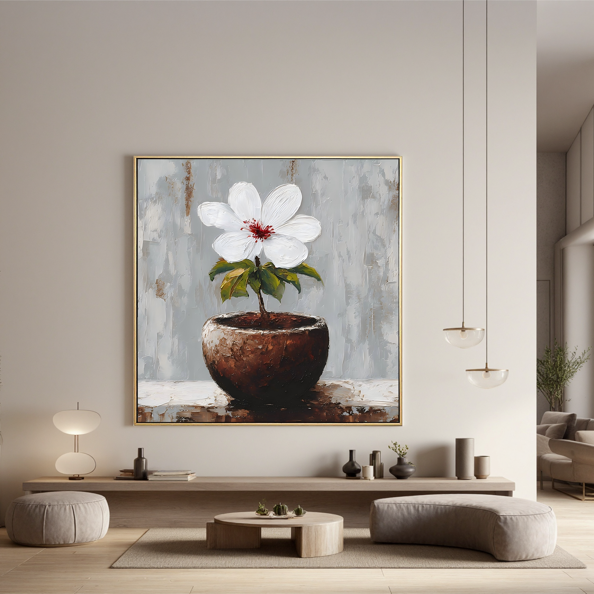 Minimalist White Flower Canvas Wall Art – Elegant Potted Plant Painting for Modern Home Decor#OA 0852