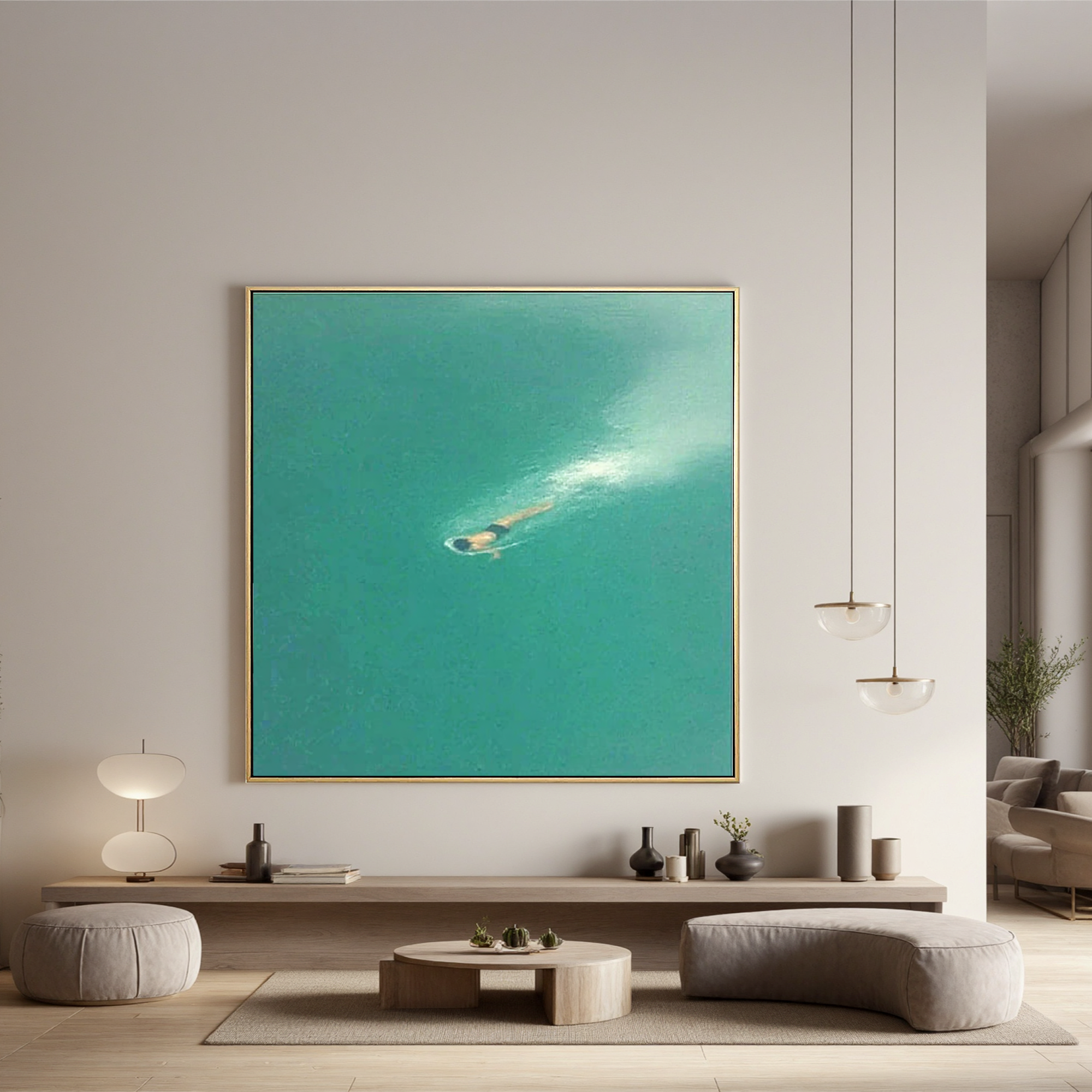 Minimalist Ocean Swimmer Wall Art – Turquoise Sea Canvas Painting for Coastal Bedroom Living Room Decor #OA 0451