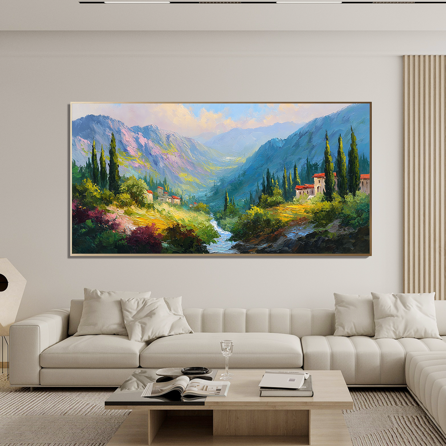 Large Mediterranean Mountain Landscape Oil Painting – Scenic Valley Canvas Wall Art#OA 0889