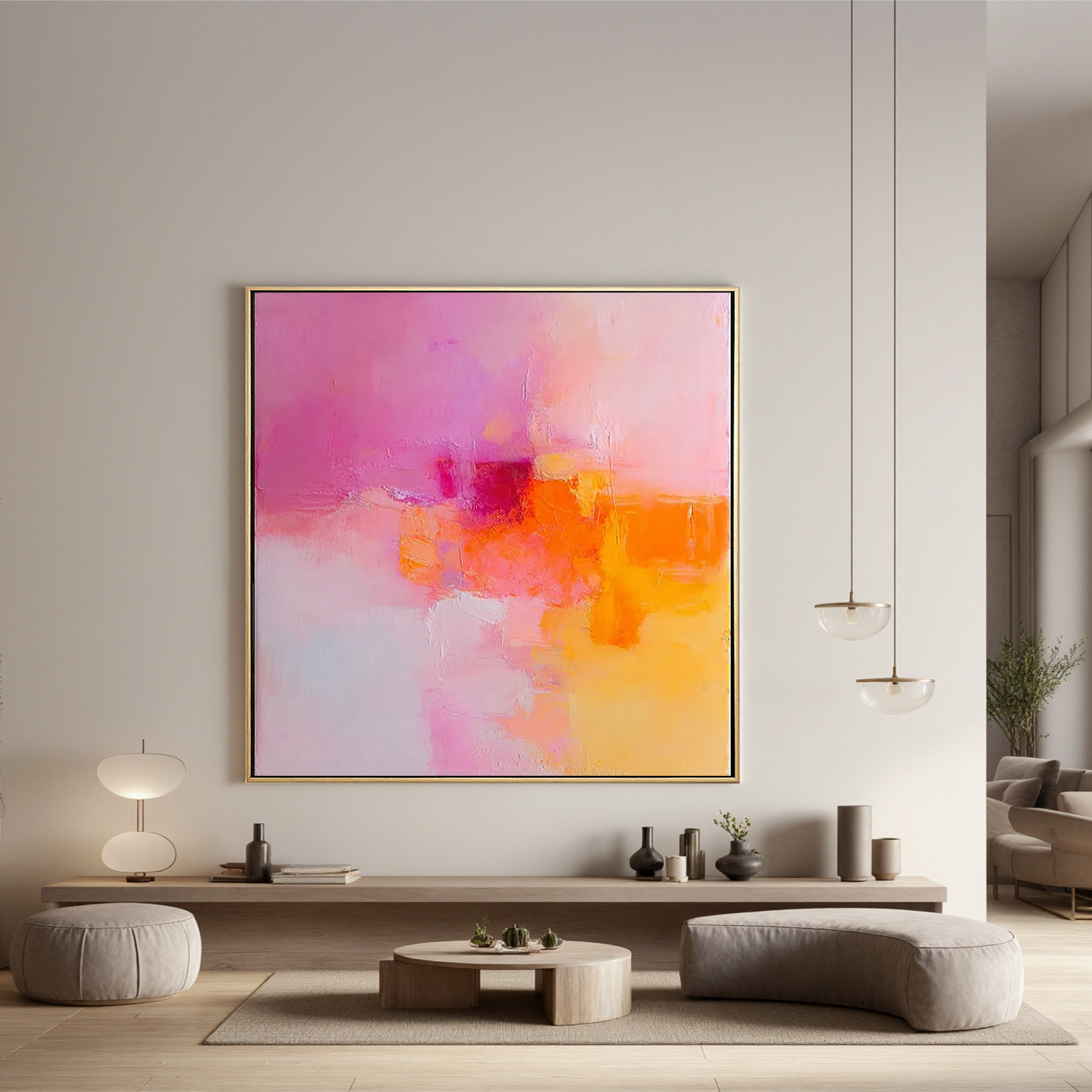 Abstract Pink Orange Oil Painting Canvas – Soft Minimalist Wall Art for Living Room Modern Home Decor#OA 0490