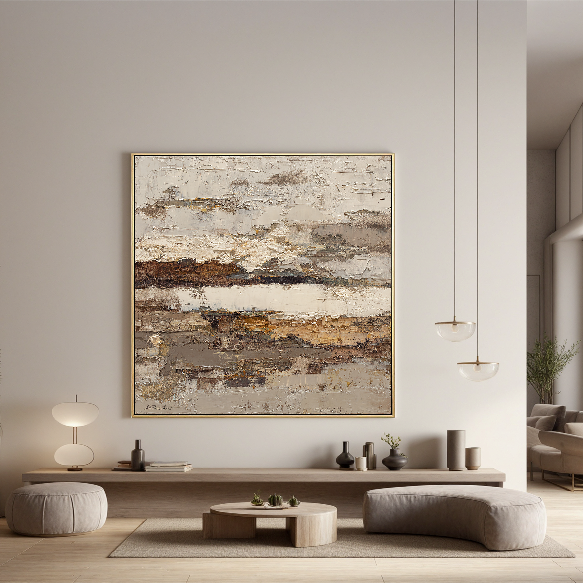 Large Horizontal Neutral Abstract Wall Art – Beige Brown Textured Canvas for Modern Living Room Decor#OA 0829