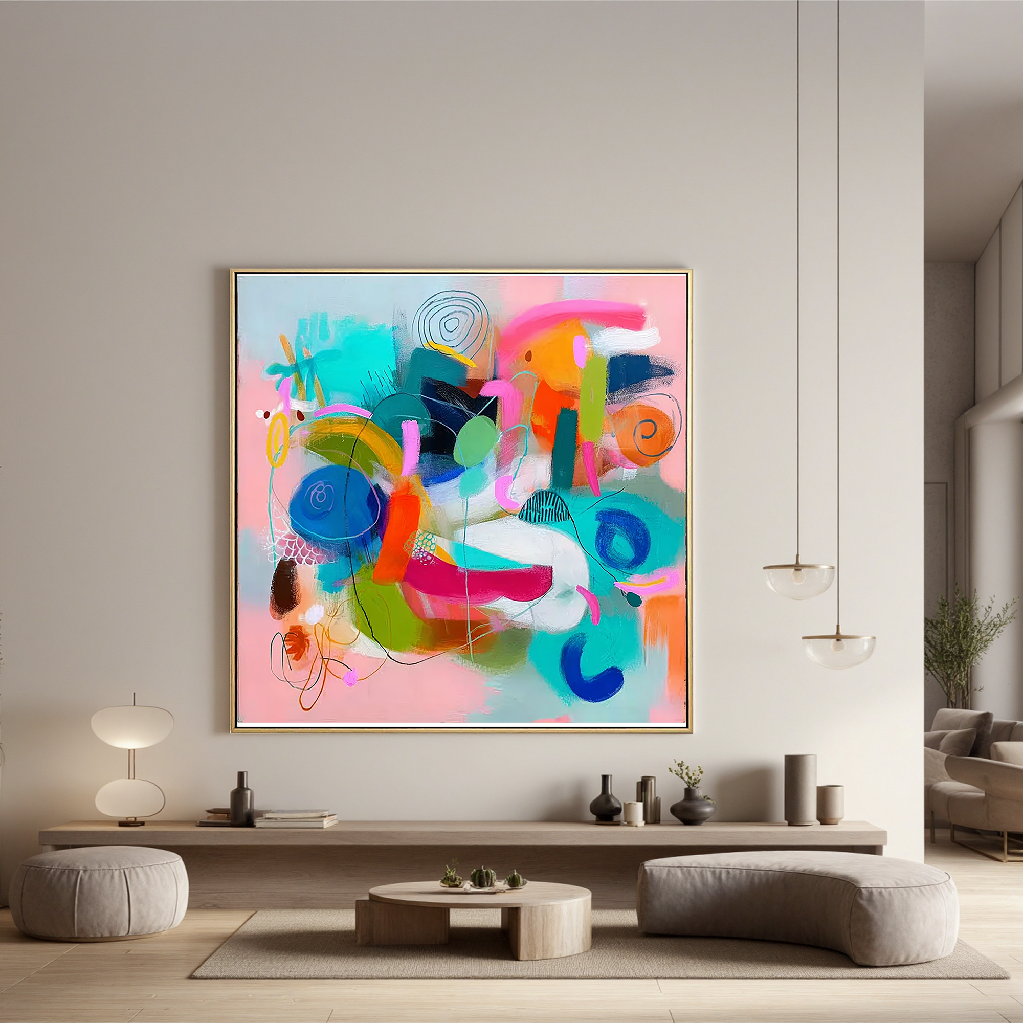 Abstract Colorful Modern Oil Painting Canvas – Contemporary Geometric Wall Art for Living Room Home Decor#OA 0473