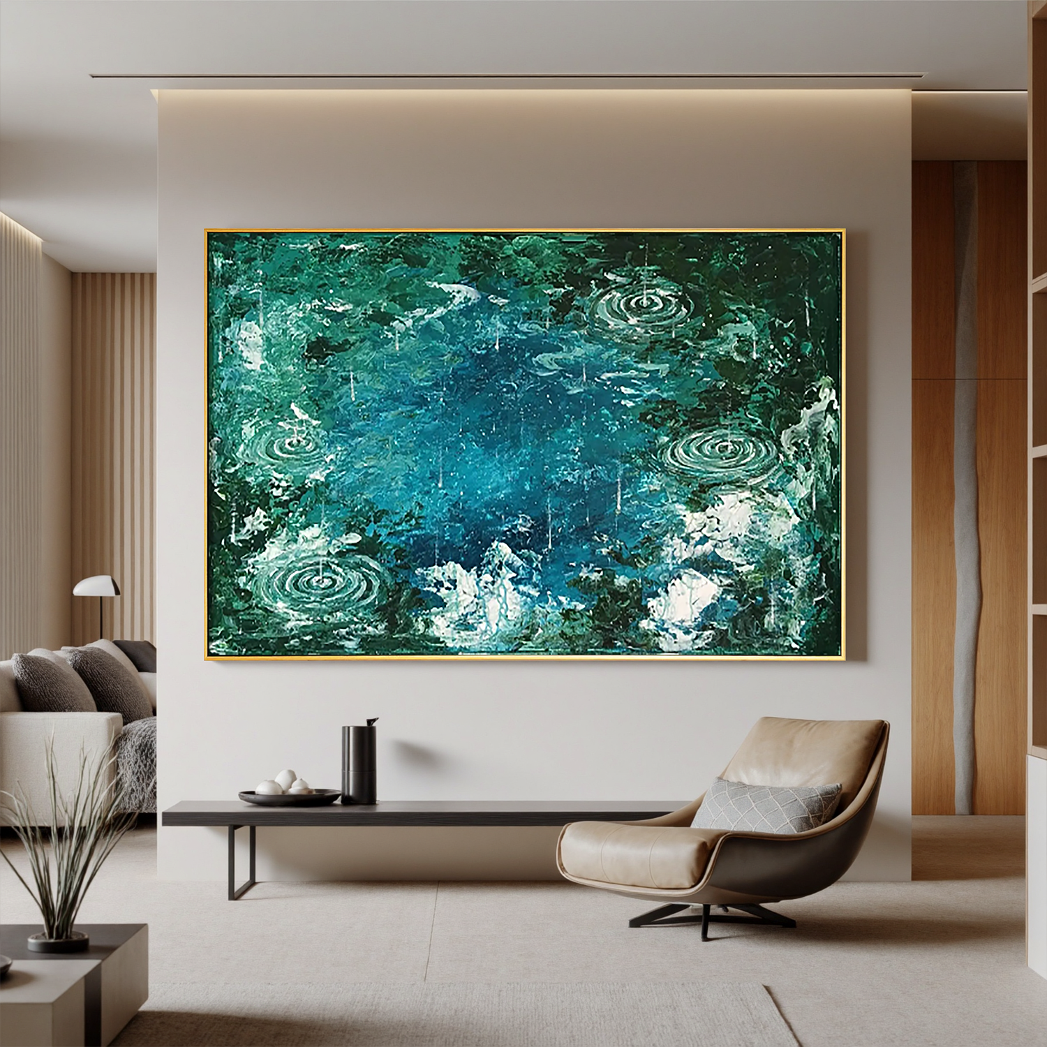 Teal Rain Ripple Oil Painting, Abstract Water Wall Art for Living Room Decor#OA 0609