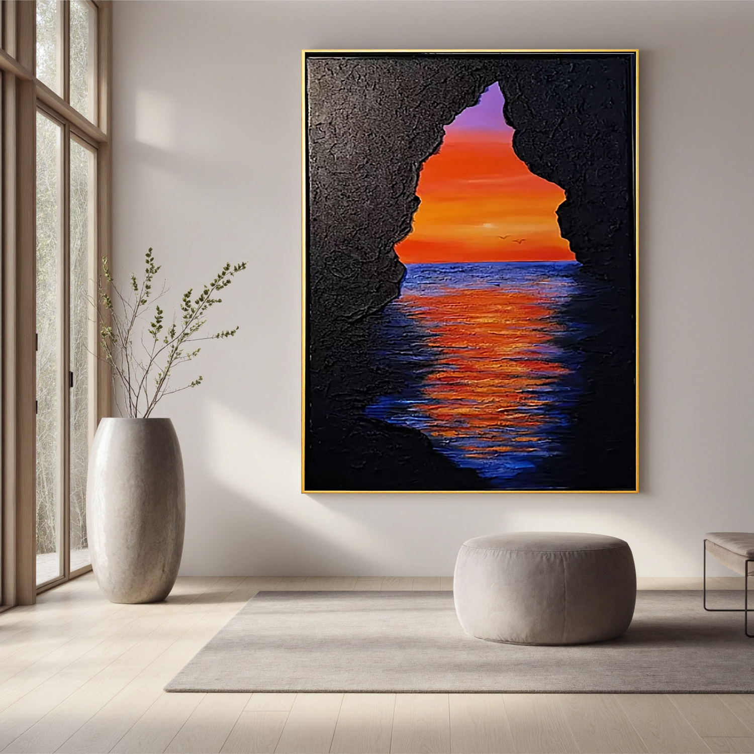 Sunset Ocean Cave Oil Painting, Dramatic Seascape Wall Art for Living Room Decor#OA 0597