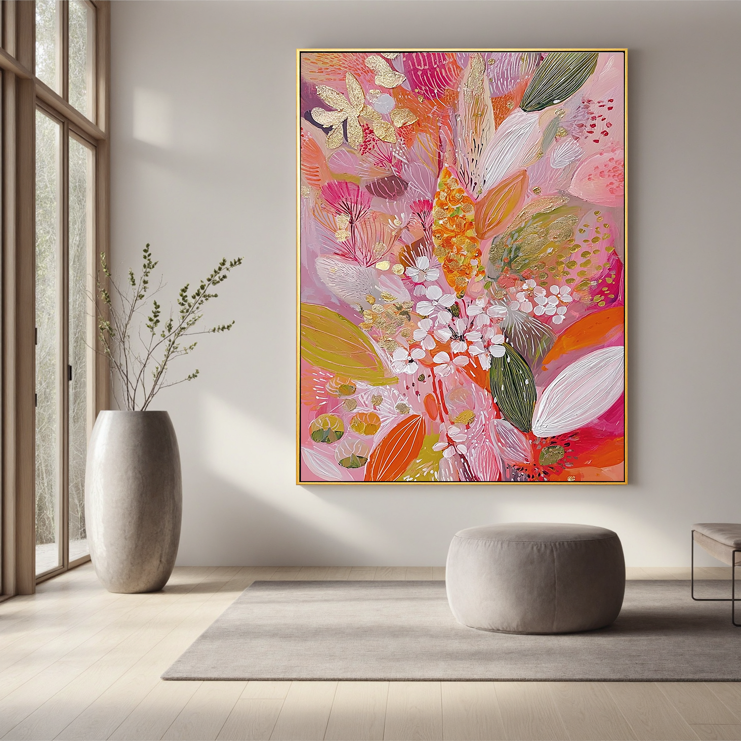 Pink Orange Floral Oil Painting, Colorful Botanical Wall Art for Living Room Decor #OA 0576