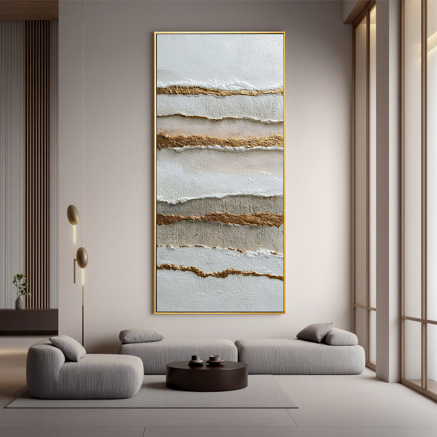 Minimalist Abstract Texture Canvas Wall Art – Neutral Beige White and Gold Vertical Painting for Modern Living Room Decor#OA 0869