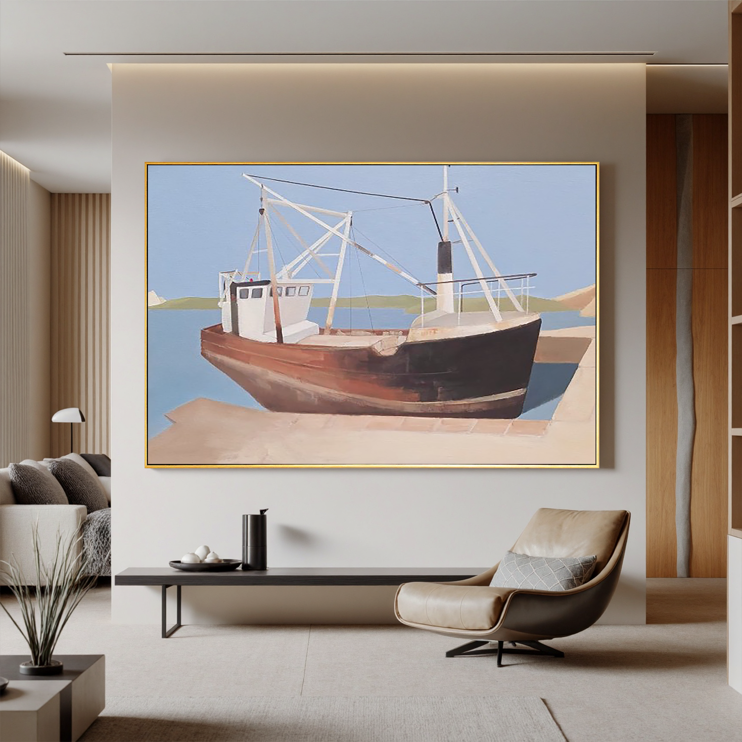 Harbor Fishing Boat-Coastal Fishing Boat Landscape Wall Art