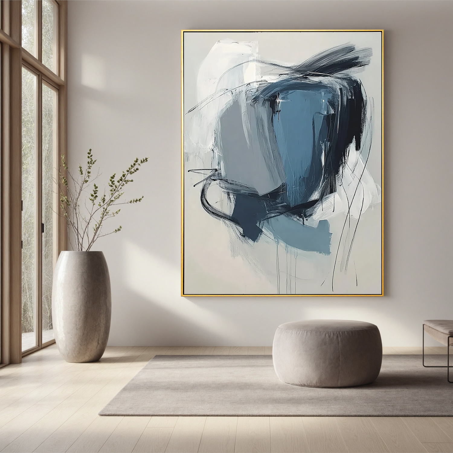 Blue Gray Abstract Oil Painting, Modern Minimalist Wall Art for Living Room Decor #OA 0594