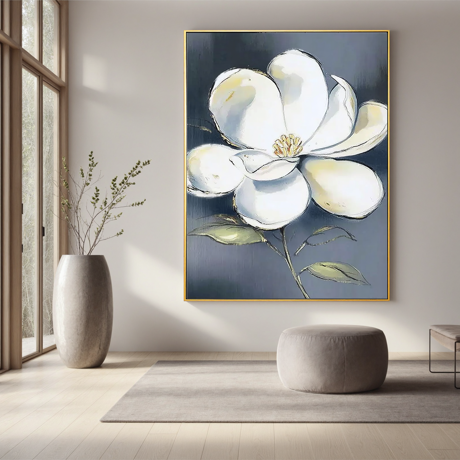White Flower Oil Painting, Minimalist Floral Wall Art on Blue Gray Background for Living Room Decor#OA 0518