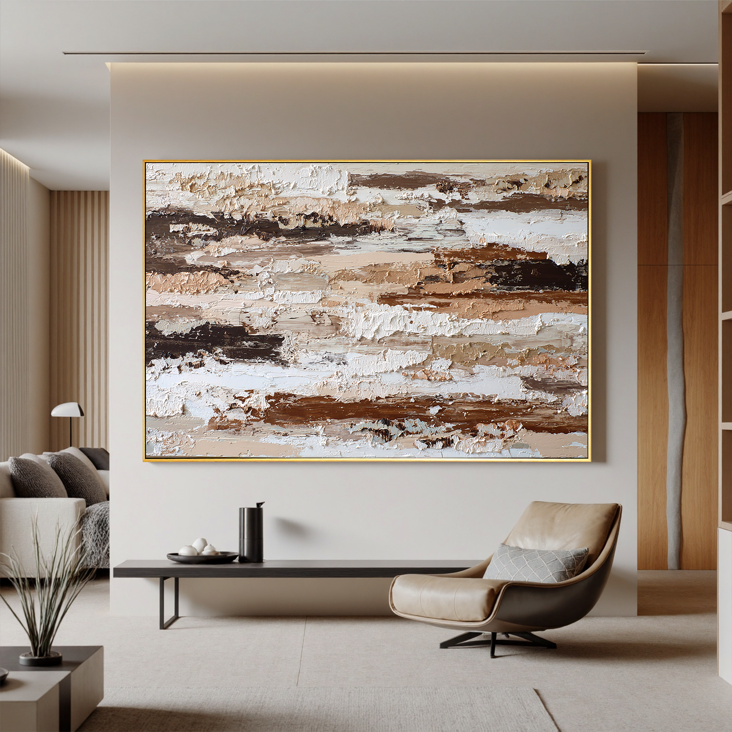 Large Horizontal Neutral Textured Wall Art – Brown and Beige Abstract Canvas for Modern Living Room Decor#OA 827