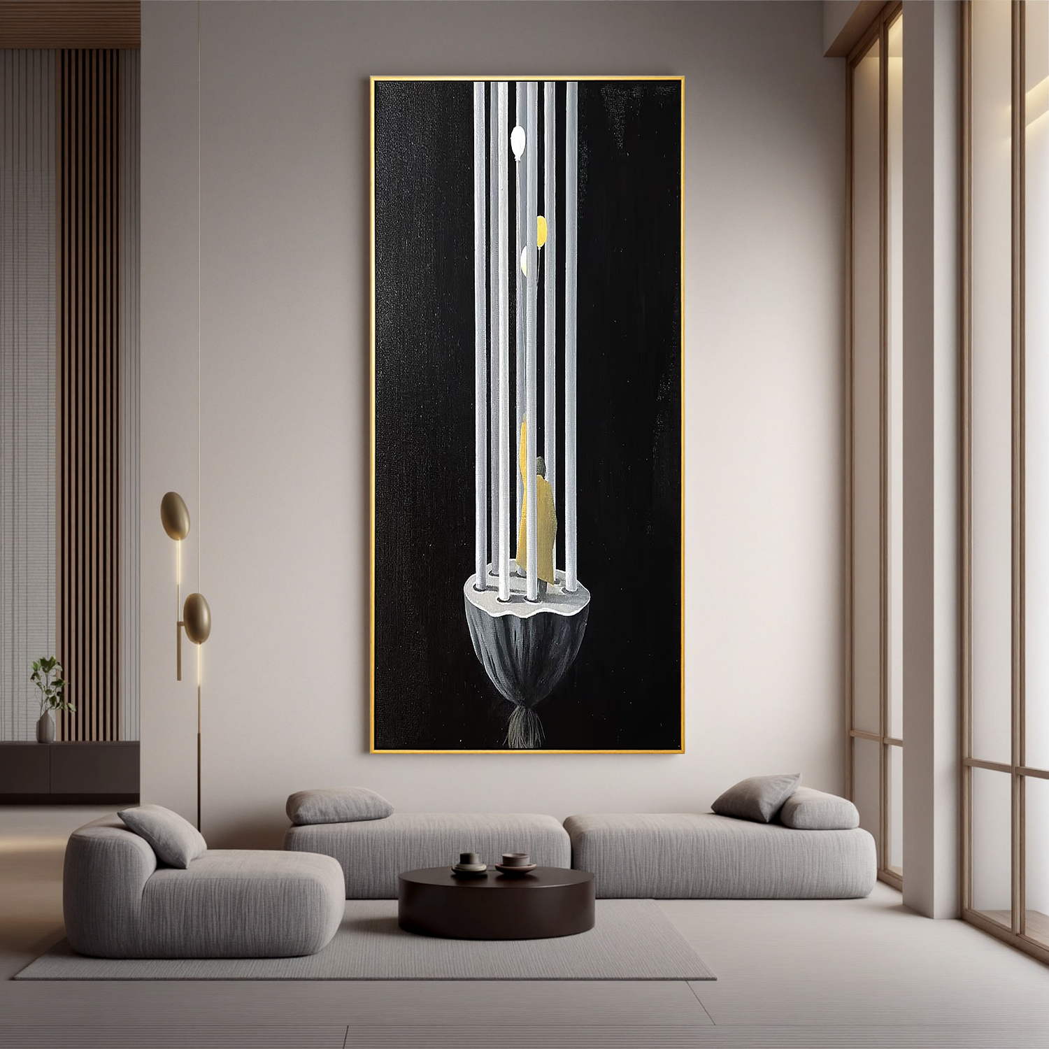 Surreal Minimalist Cage Wall Art with Human Figure and Balloons, Modern Abstract Canvas Painting for Contemporary Home Decor #OA 0790