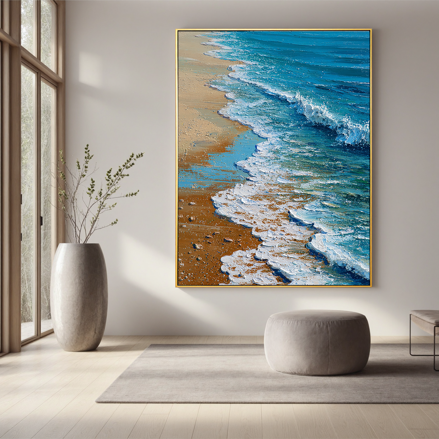 Coastal Beach Wave Wall Art – Blue Ocean Textured Canvas Painting for Modern Living Room Decor#OA 0831