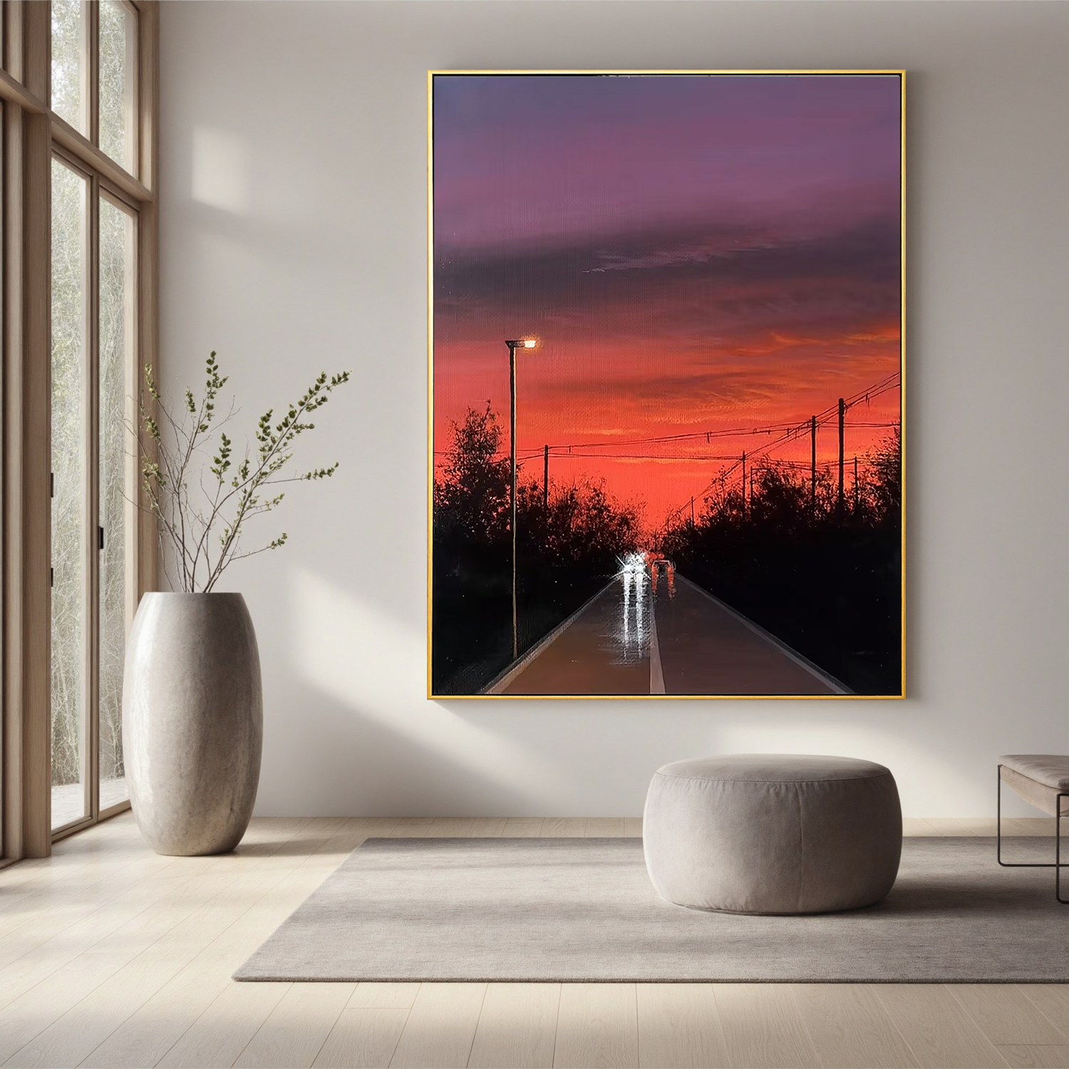 Fiery Sunset Road Wall Art, Moody Urban Landscape Canvas Painting with Streetlight Reflections for Modern Living Room Decor #OA 0788