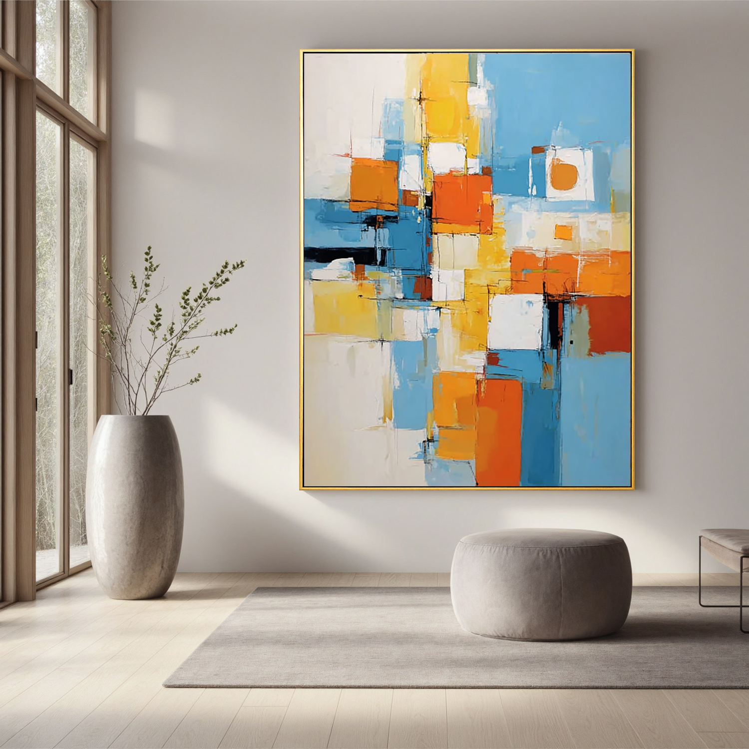Blue and Orange Abstract Oil Painting, Modern Geometric Wall Art for Living Room Decor#OA 0535