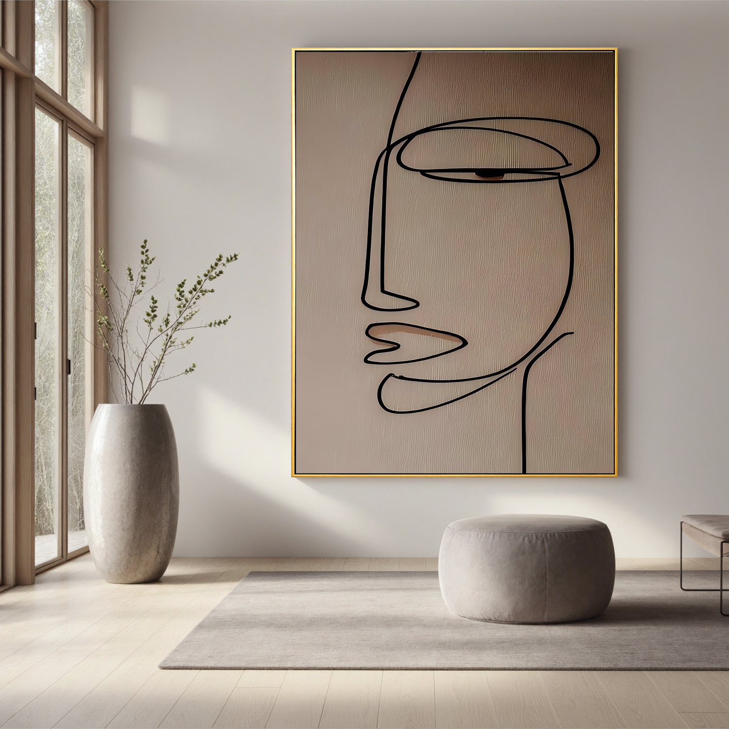 Minimalist Line Art Face Canvas Wall Art – Abstract Portrait in Neutral Beige for Modern Home Decor#OA 0871