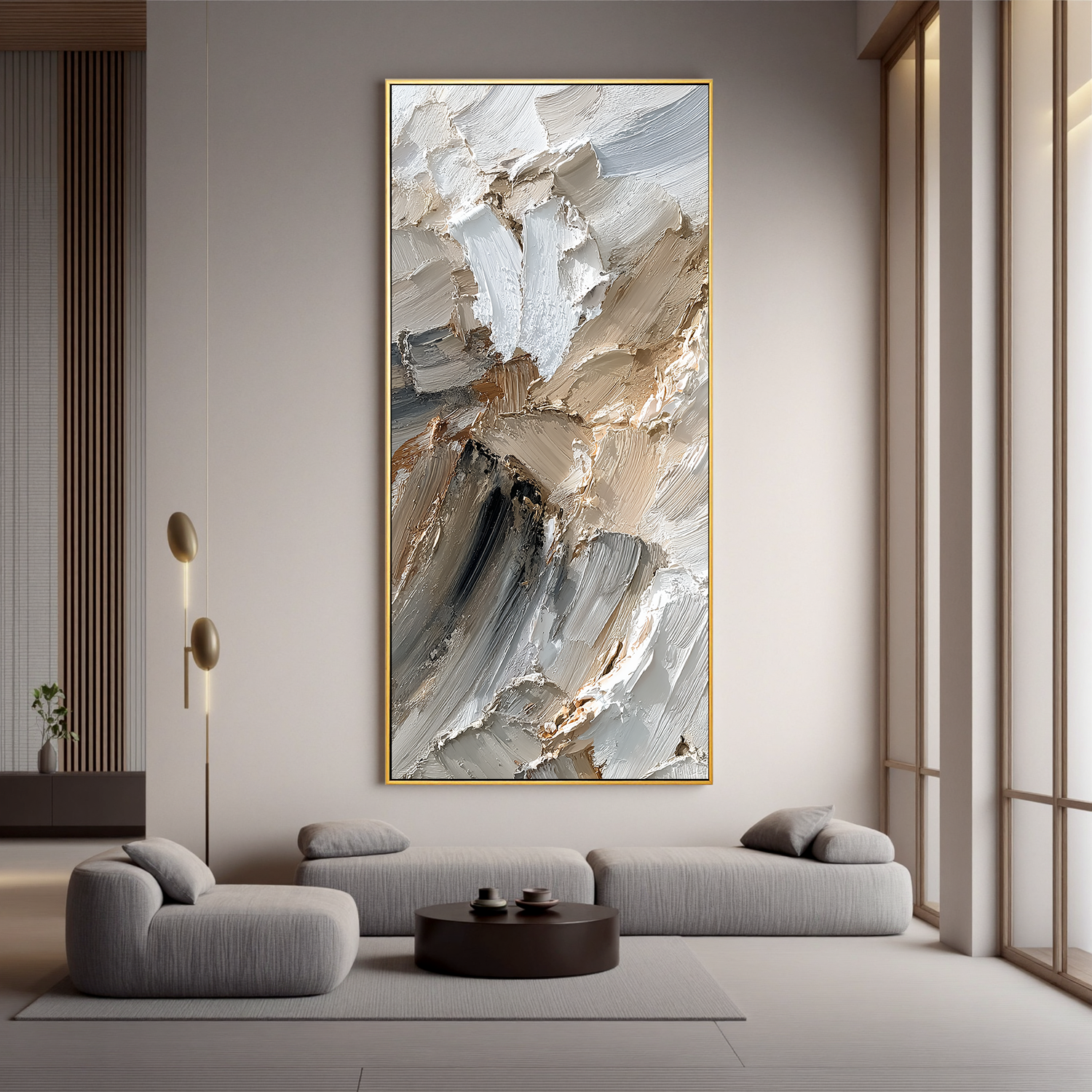 Neutral Textured Abstract Canvas Wall Art – Thick Impasto Painting in Beige Grey for Modern Home Decor#OA 0878