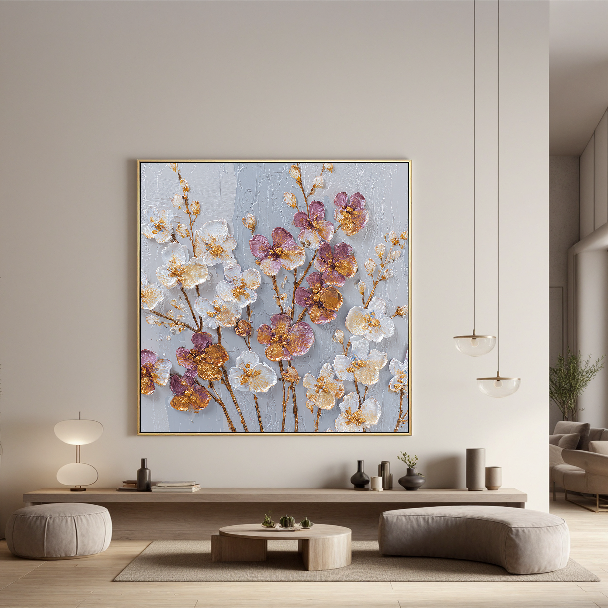 Luxury Floral Canvas Wall Art – White & Purple Flowers with Gold Texture for Elegant Home Decor#OA 0849