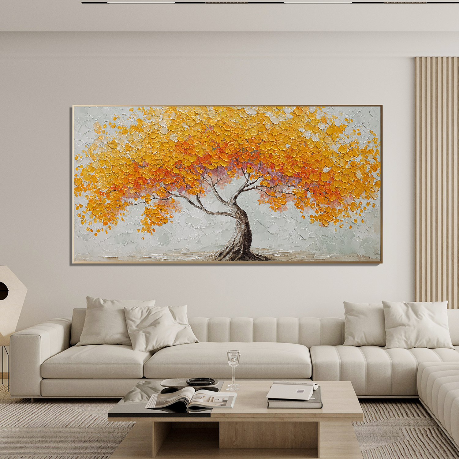 Golden Tree of Life Canvas Wall Art – Textured Abstract Landscape Painting for Living Room Decor#OA 0854