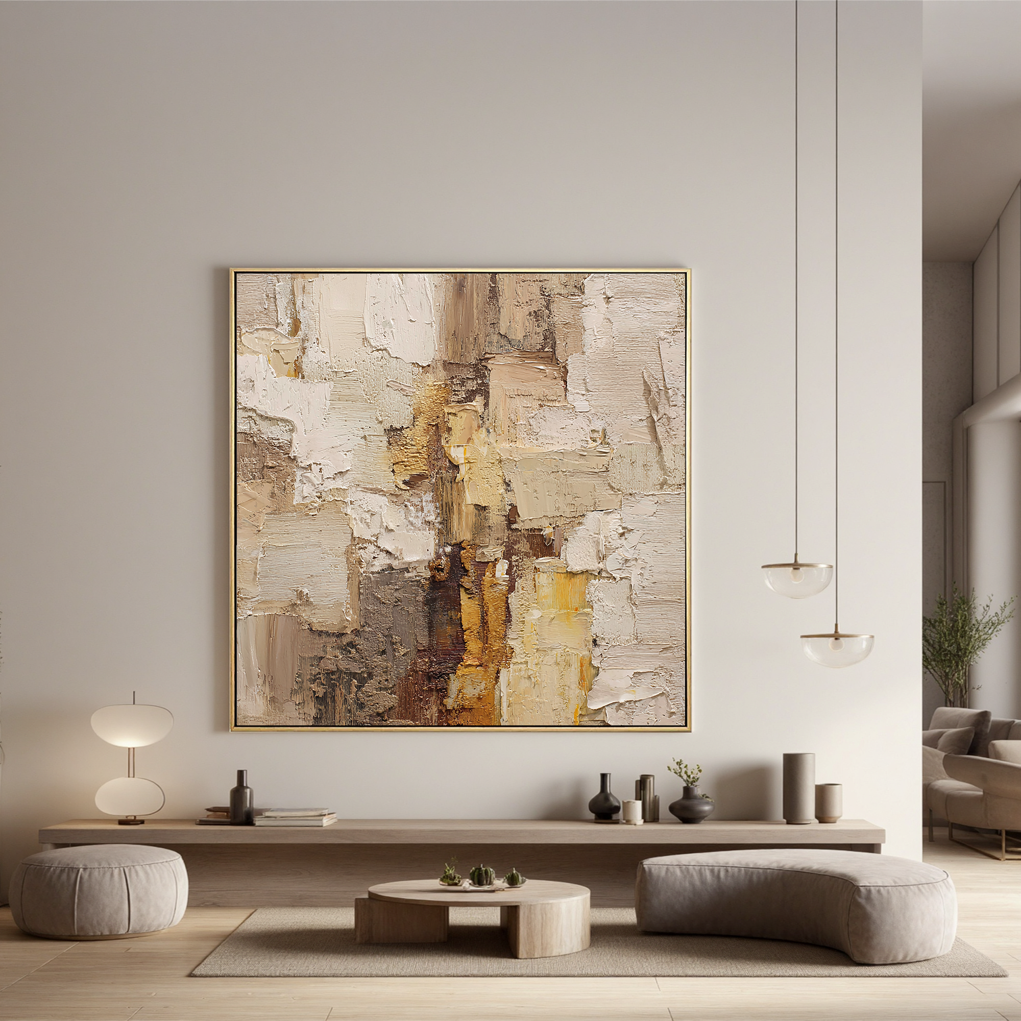 Warm Neutral Textured Abstract Wall Art – Beige and Gold Canvas Painting for Modern Living Room Decor#OA 824