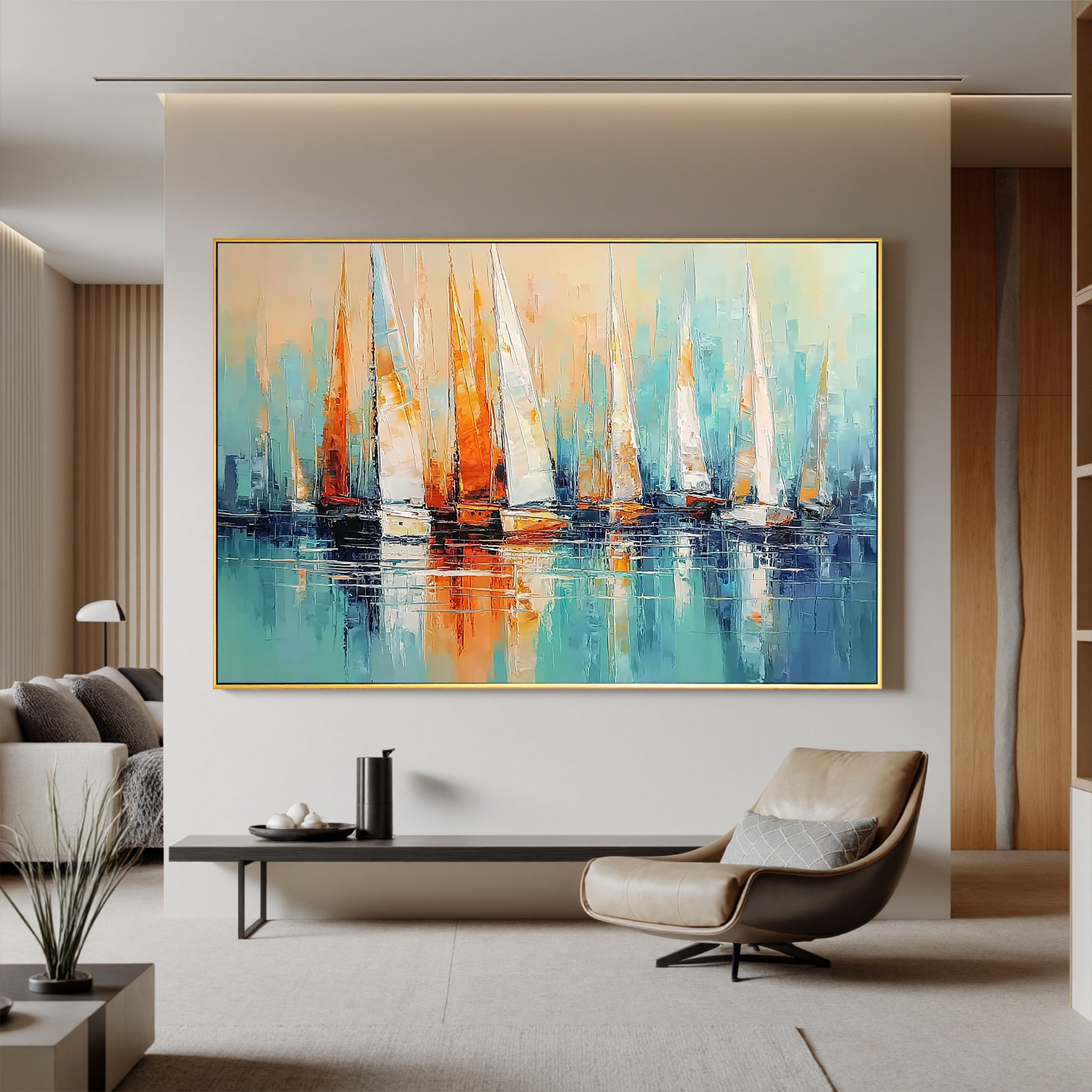 Abstract Sailboat Oil Painting Wall Art – Modern Coastal Canvas Artwork for Living Room Nautical Home Decor #OA 0434
