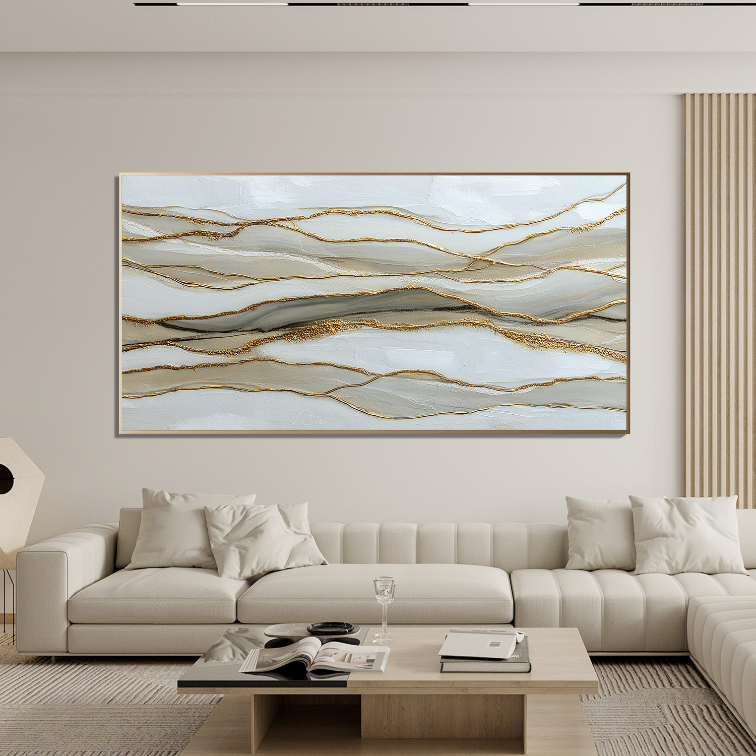 Large Horizontal Abstract Canvas Wall Art – Neutral Beige White and Gold Textured Painting for Modern Living Room Decor#OA 0870