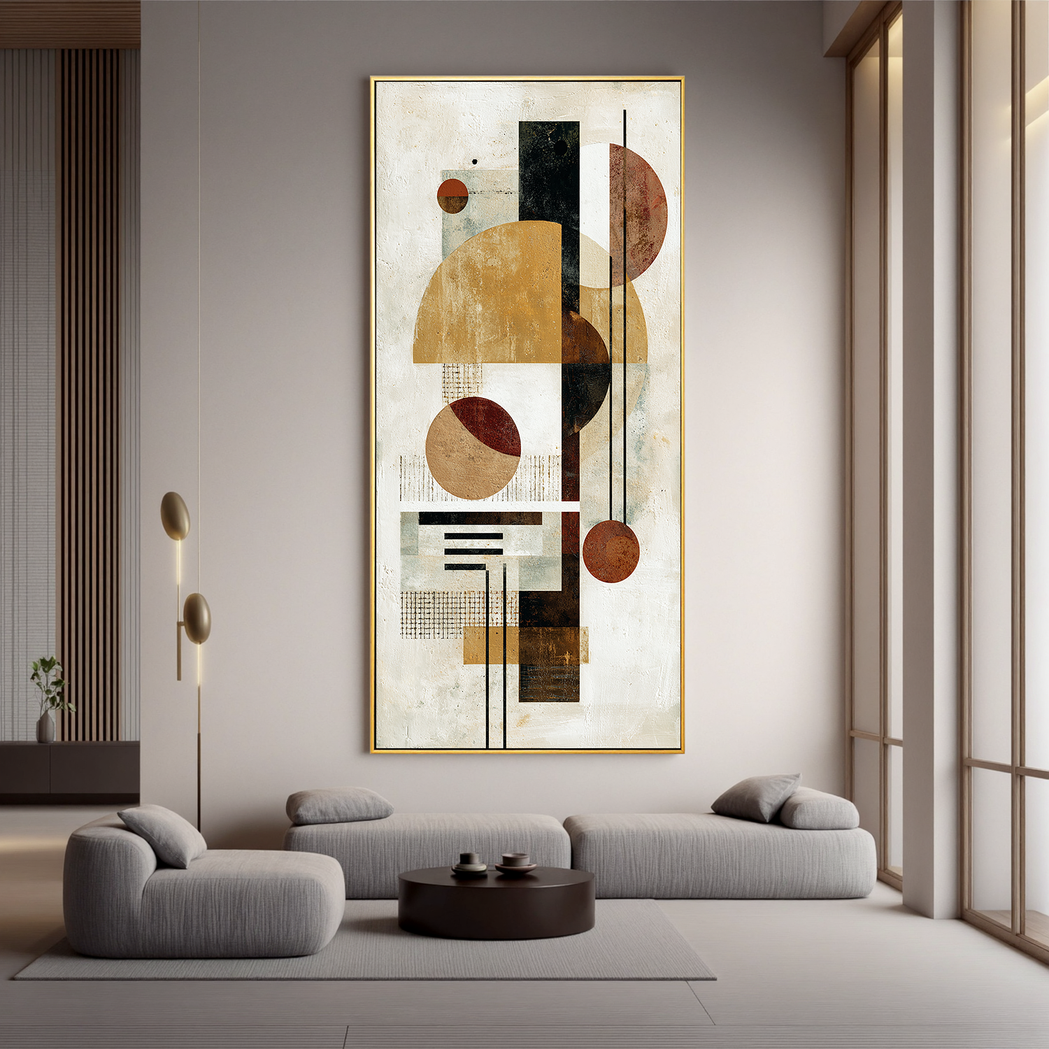 Mid Century Modern Geometric Abstract Canvas Wall Art – Neutral Beige and Rust Vertical Bauhaus Style Painting for Living Room Decor#OA 0863