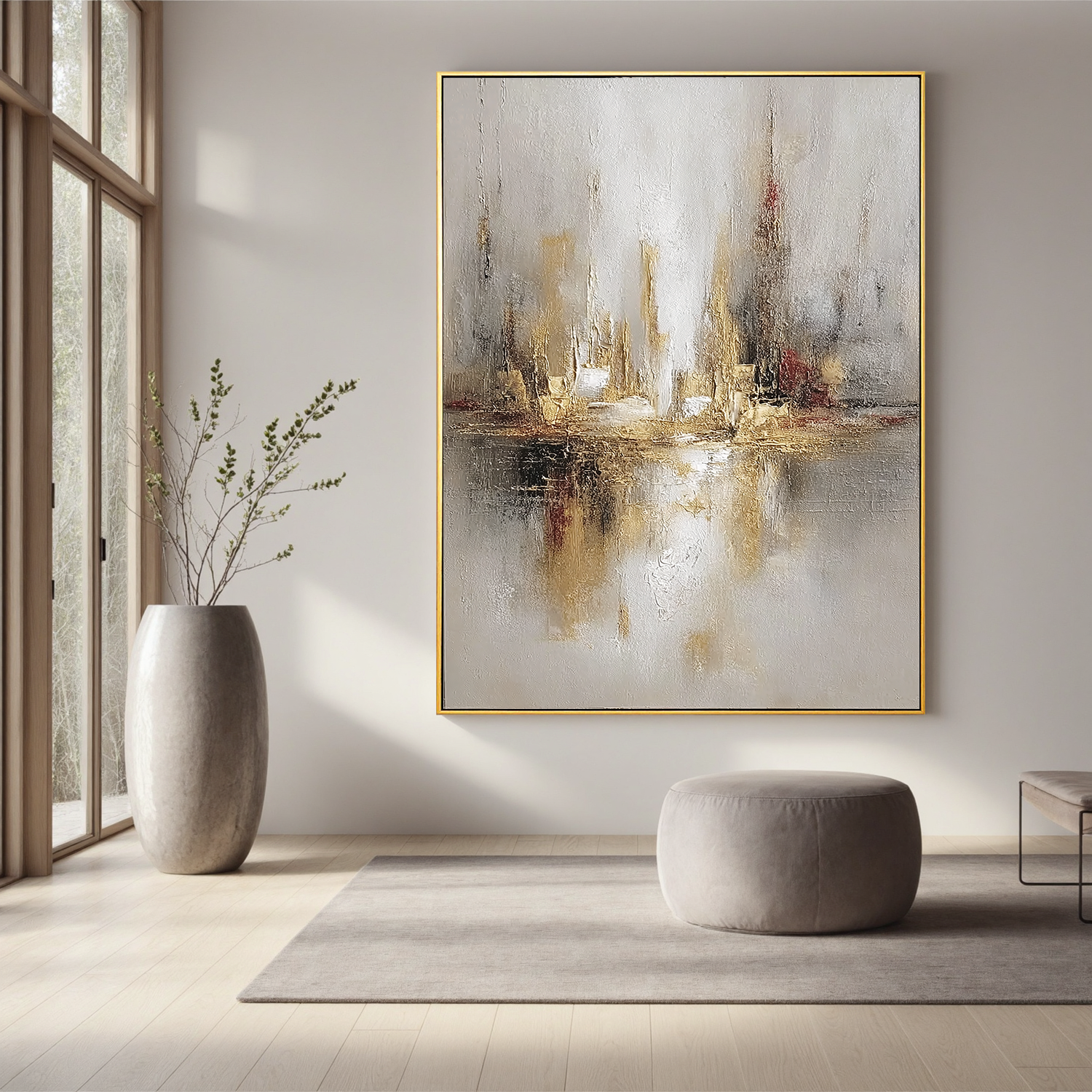 Abstract Cityscape Oil Painting, Neutral Gold Skyline Wall Art for Living Room Decor #OA 0575