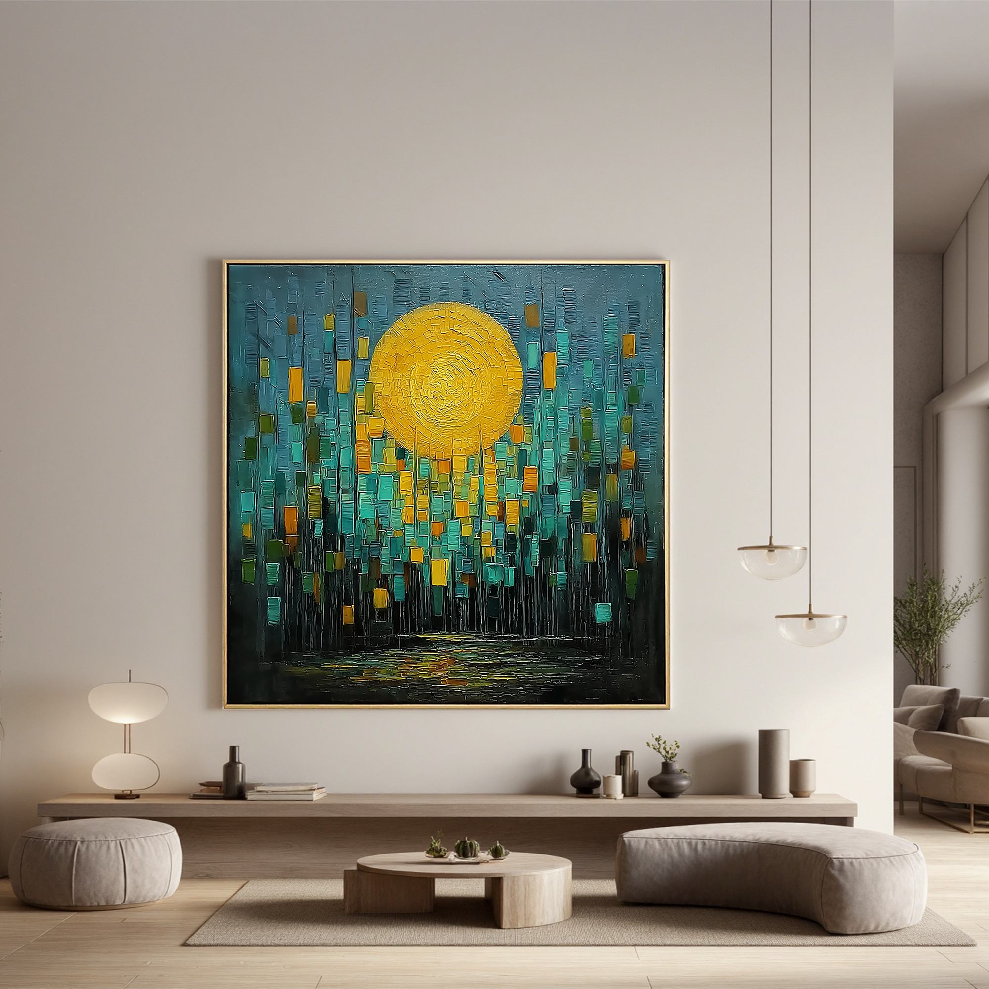 Abstract Golden Moon Oil Painting | Modern Teal & Gold Textured Wall Art for Living Room Decor #OA 0432