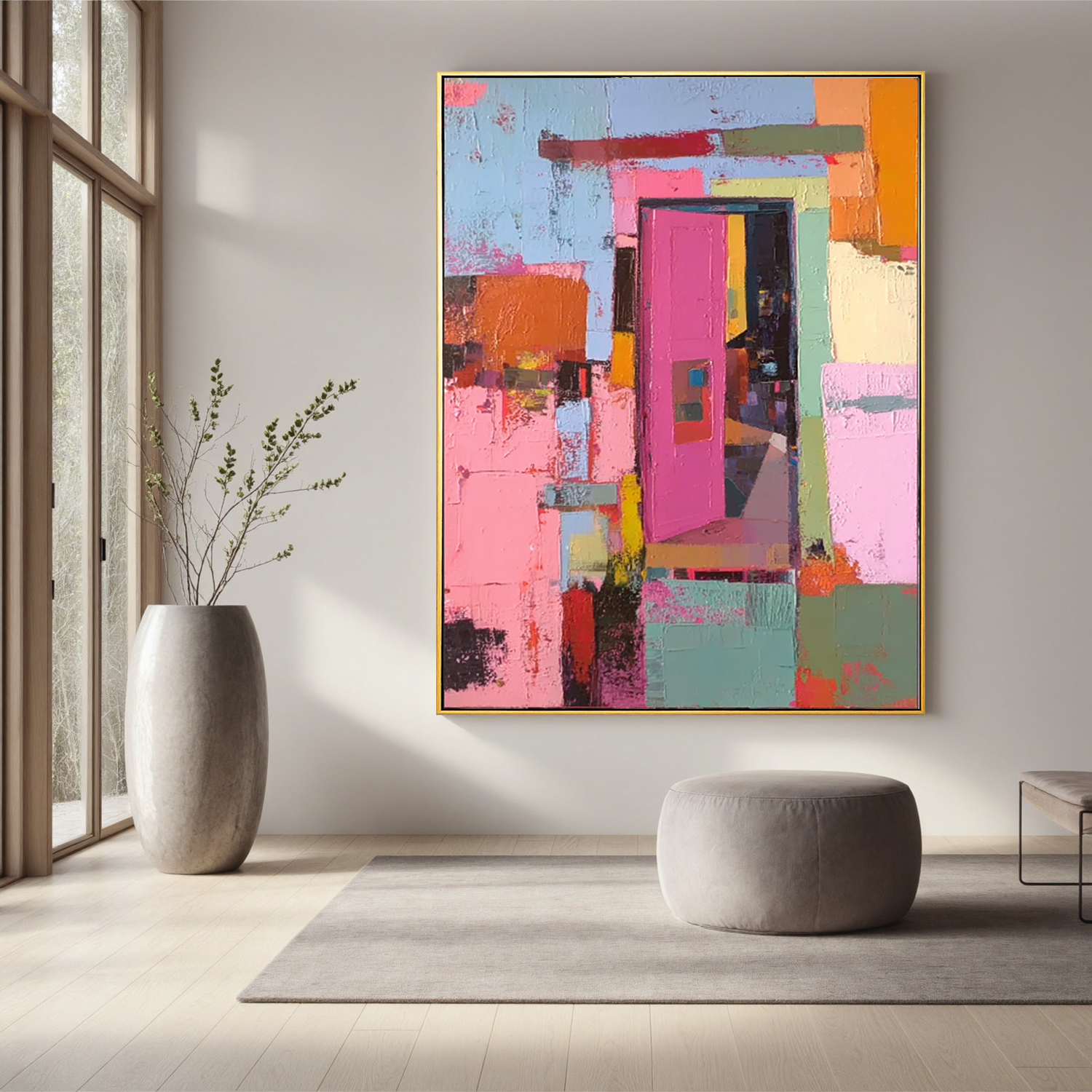 Colorful Door Oil Painting, Abstract Pink Door Wall Art for Living Room Decor#OA 0513